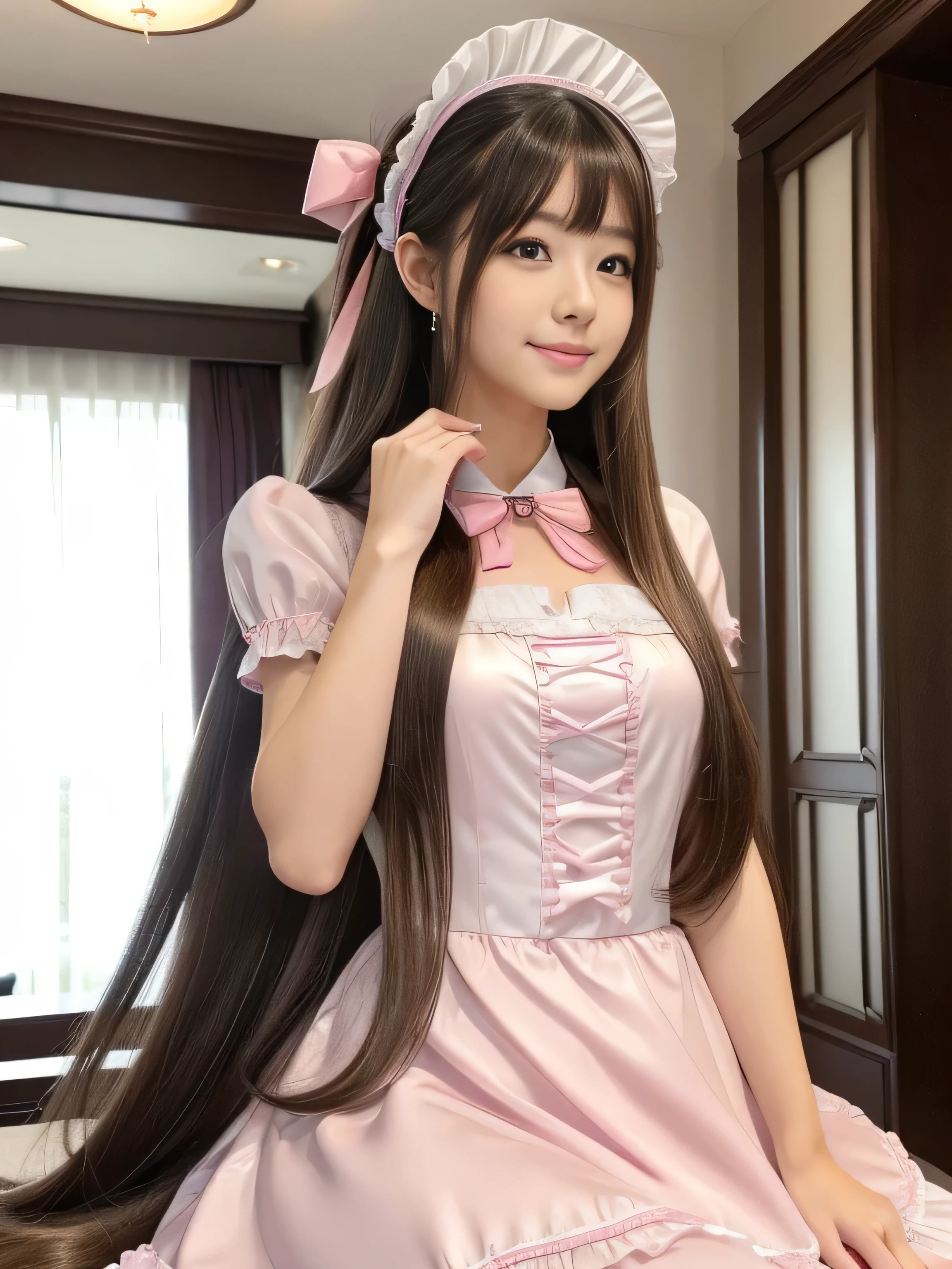Her hair is incredibly straight.!!!!!　(Pink floor、Pink table、pink chair、Pink Wall、Pink counter、A cafe filled with pink..:1.3)　(Her hair color is pink!!!!!)　(Random Maid standing upper body shot:1.5)　　((woman in a pink and white dress and a pink hat, Maid outfit, Maid dress, Catboy Cosplay! Maid! dress, anime girl in a Maid costume, Maid costume, anime cat girl in a Maid costume, pink lolita dress,Maid, wearing Maid uniform, Lolita Style, High Quality Costume,Sexy female cosplay, Pink shoes for maids))　(Her bangs are the Perfect full bangs:1.2)　　((highest quality)), ((masterpiece)), (Familiar), (Get used to it)　(Reaches up to the kneeVery long hair　highest quality　Highest detail　Reaches up to the knee、Very long hair that lasts forever:1.3　Flowing Hair　Very shiny and thick hair　long hair up to the knees:1.2　long hair up to the knees:1.2　Thick and shiny hair　Very free hair　Abnormally long hair!!!　Beautiful silky hair　Beautiful and shiny hair　Beautiful and shiny hair　Beautiful silky hair　Hair that grows to the knees　Very very, Very long hair!!!　Very very, Very long hair!!!)　(highest quality　The best ultra-fine　Reaches up to the knee、Very long hair that lasts forever　Very shiny and thick hair　long hair up to the knees:1.2　long hair up to the knees:1.2　Thick and shiny hair　Very free hair　Abnormally long hair!!!　Beautiful silky hair　Super long hair down to the knees　Beautiful and shiny hair　Beautiful and shiny hair　Beautiful silky hair　Hair that grows to the knees　Very very, Very long hair!!!　Very very, Very long hair!!!　Her hairstyle is very curly and in twin tails.:1.5)　(She is the most beautiful 12-year-old girl in Japan..)　Perfect Face　(She has a typical Japanese build and skin color..., Her skin is very high quality and ultra high definition.、very beautiful and glowing skin)　(Excessive breasts:1.2)（She applied her makeup in a very professional way.　Lipstick is red　The eyeliner is a beautiful black)　(Surreal photos by professional photographers :1.2)　((Her bangs are hanging straight down, Perfect full bangs))　(She has a typical Japanese build and skin color　Her skin is very delicate and sensitive..、and、Such beautiful and radiant s　((highest quality)), ((masterpiece)), (Familiar)　(Get used to it)　Perfect Face　(Her skin is a typical Japanese skin color...　Very detailed)　((Rich 1.4))　(Extremely detailed 8K)　(Ultra-fine skin texture 1.4)　(Actual, Vibrant:1.4), double eyelid　Sharp focus:1.2、Beautiful woman:1.4　Dynamic Lighting　(Genuine RAW photos taken by professional photographers)　(Turn your whole body to the viewer)　Professionally lit from the front　(She has a coffee cup, She looks at the viewer with a cute smile)　