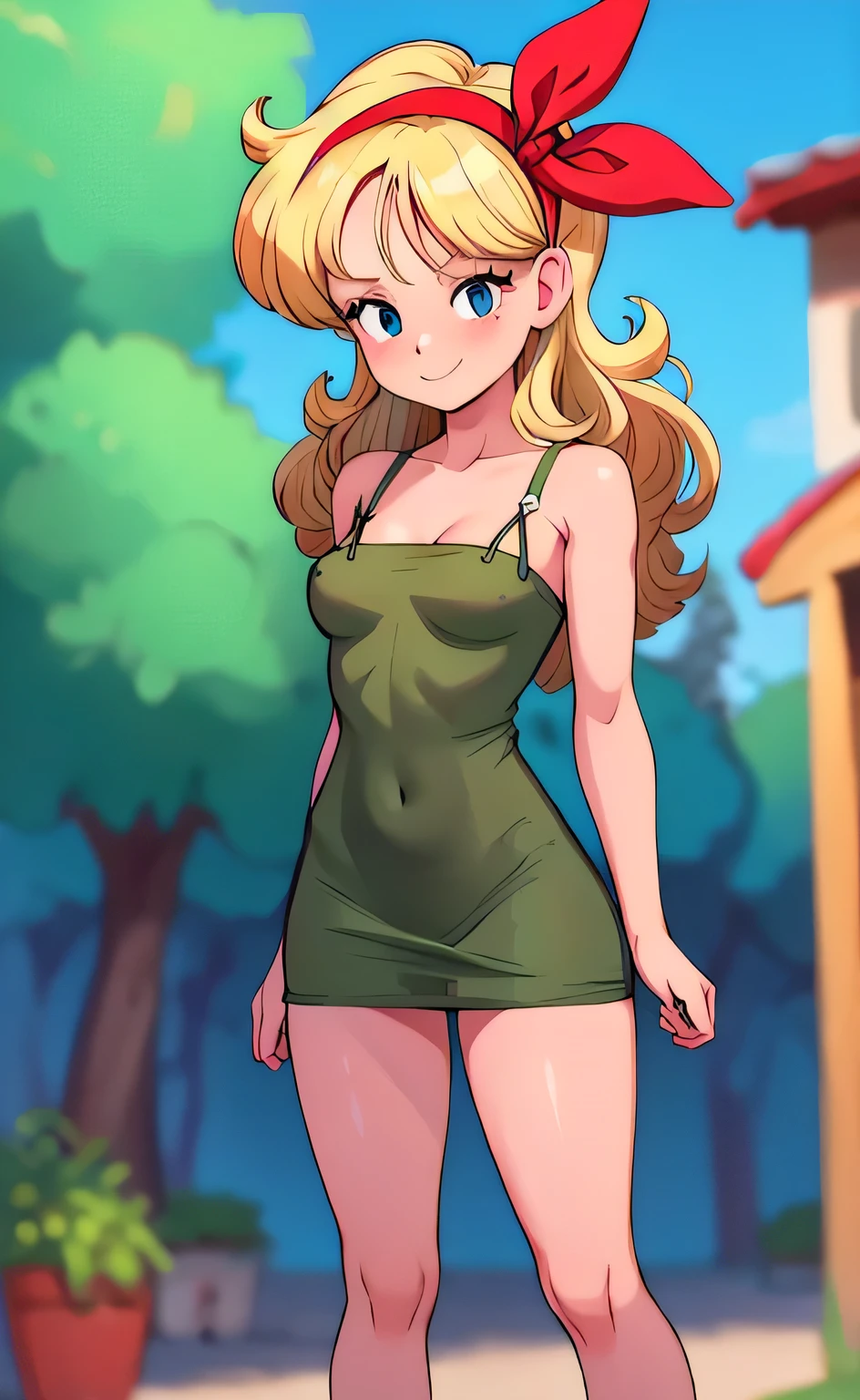 ((masterpiece, best quality)), insaneres, absurdres, solo, looking at viewer, BlondeHair_BadLaunch_ownwaifu, 1girl, long hair, blonde hair, curly hair, hair ribbon, blue eyes, medium breasts, red hairband, eyelashes, bangs, bare shoulders, collarbone, little black tight dress, t3ghtdr3ss, bare legs, outdoors, depth of field, vanishing point, arms at sides, (contrapposto), smile