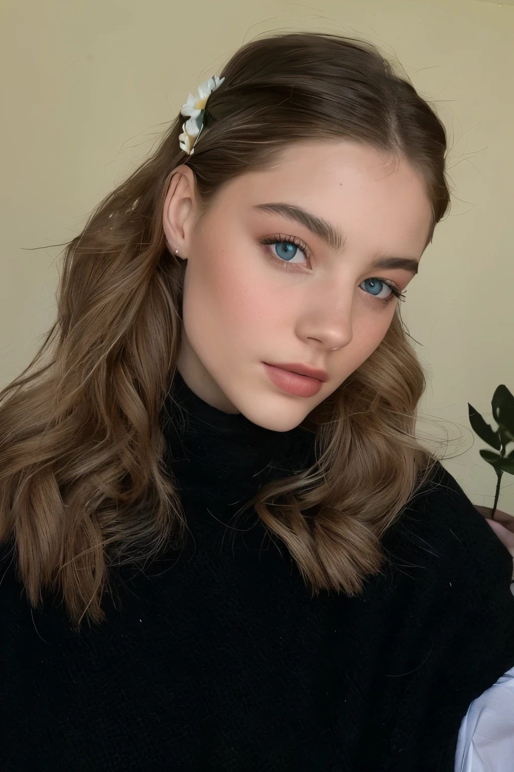 there is a woman with a flower in her hair posing for a picture, inspired by Louisa Matthíasdóttir, headshot profile picture, wavy shoulder-length hair, no makeup wavy hair, lorde, amanda clarke, selfie of a young woman, eva elfie, half updo hairstyle, portrait of barbara palvin, middle length hair, jodie bateman