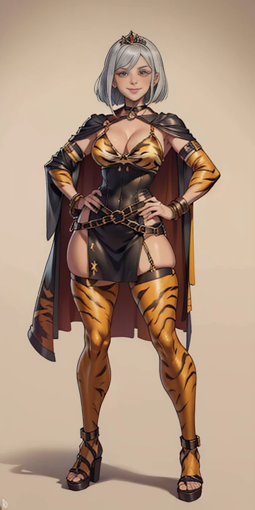 ((Masterpiece, plain background,1:2, masterpiece)) full body standing with two long yellow tiger print stockings, toned thighs,cleavage, separate yellow tiger print stockings thighs and sleeves, tiara royal, long cape up to two feet, yellow tiger bikini print, hands on waist, navel, lustful smirking smiling, smile face (red blushed, red cheeks) metal shoulders, armbands, black leather choker slave collar, full body standing with two long thighs and two metal sandals, red eyes, silver white hair, short bob hair, big knockers, cleavage, separate sleeves, tiara royal, long cape up to two feet, leather corset, yellow bikini, hands on hips, metal shoulders, armbands, black leather choker collar, shackles bracelets, slave red crest, pauldrons, loincloth standing, hands on hips, metal sandals, big belt, view from below, feet together, bracers, tiara, standing contrapposto straight symmetrical looking to viewer