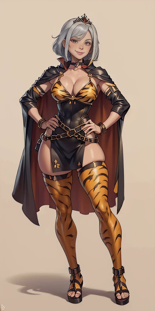 ((Masterpiece, plain background,1:2, masterpiece)) full body standing with two long yellow tiger print stockings, toned thighs,cleavage, separate yellow tiger print stockings thighs and sleeves, tiara royal, long cape up to two feet, yellow tiger bikini print, hands on waist, navel, lustful smirking smiling, smile face (red blushed, red cheeks) metal shoulders, armbands, black leather choker slave collar, full body standing with two long thighs and two metal sandals, red eyes, silver white hair, short bob hair, big knockers, cleavage, separate sleeves, tiara royal, long cape up to two feet, leather corset, yellow bikini, hands on hips, metal shoulders, armbands, black leather choker collar, shackles bracelets, slave red crest, pauldrons, loincloth standing, hands on hips, metal sandals, big belt, view from below, feet together, bracers, tiara, standing contrapposto straight symmetrical looking to viewer