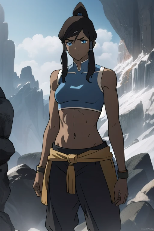 avatarkorra, korra, long hair, black hair, ponytail, dark skin, dark-skinned female, topknot, midriff, navel, (((tube top)))), bandeau, strapless, bare shoulders, (underboob), sleeveless, bare arms,
BREAK ,
BREAK looking at viewer,
BREAK outdoors, snow,
BREAK (masterpiece:1.2), best quality, high resolution, unity 8k wallpaper, (illustration:0.8), (beautiful detailed eyes:1.6), extremely detailed face, perfect lighting, extremely detailed CG, (perfect hands, perfect anatomy),
