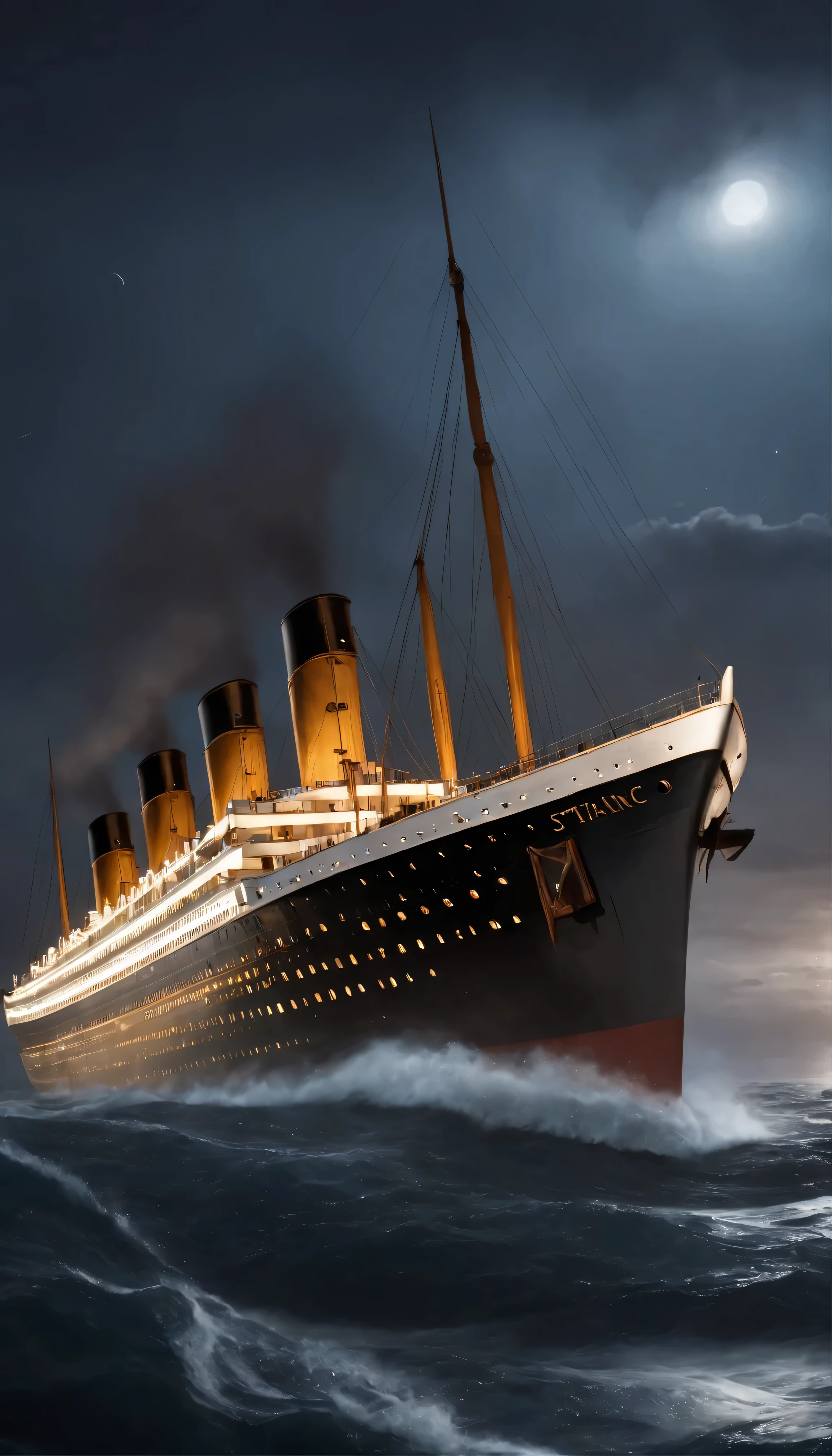 High-resolution images、Iconic films「Titanic」A fascinating scene(Ultra-high resolution images of the entire ship) While gesturing at the edge of a cliff before a catastrophic collision with an imposing iceberg、High resolution photos of the magnificent Titanic ship、Intricately detailed waves gently rippling all around。Cinematography lighting illuminates the image、Delivering breathtaking 8K resolution。The hull of the Titanic、Metallic and elegant々and、Engraved with realistic textures and patterns。The clear night sky was reflected in the ship&#39;s window.、indivual々The rivets are shown.