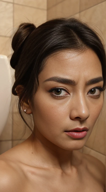 Beautiful Japanese actresses,realism, Surrealism, Depth of written boundary, 超High resolution, retina, Anatomically correct, Textured skin, High resolution, highest quality, Super Detail, 8k, I opened my mouth and my eyes.,Age 35、Black-haired、Very small toilet,,Hair tied up,,,Medium Shot,Moaning, Saliva trace, Roll your eyes, ((Frowning, Crazy Eyes,))