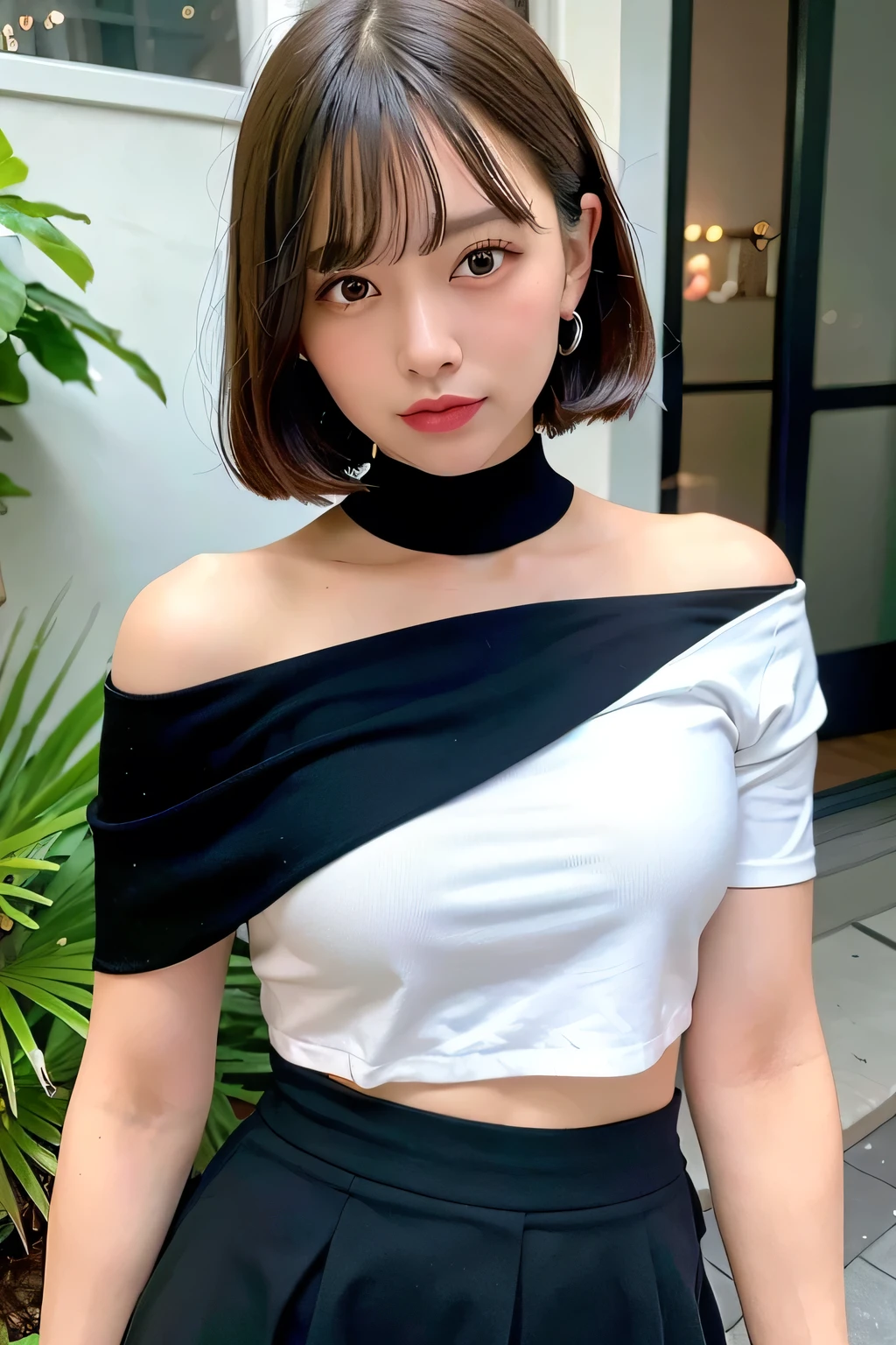 highest quality, Ultra-high resolution, (Realistic:1.4), One girl, off-the-shoulder white shirt, Black tight skirt, Black Choker, (Short Hair:1), (Medium chest:1.2), View your viewers, close ,
