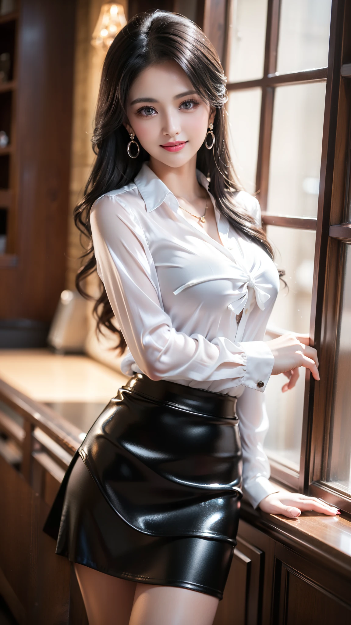 (best quality,ultra-detailed,photo-realistic:1.37),extremely beautiful eyes, Bright and Vibrant colors,studio lighting, playful expression, Extremely detailed eyes, stylish makeup,Beautiful Fashion Model Posing, bow blouse silk shirt, long loose shirt, (mini black pensil skirt) (skin tight skirt), Slim Figure, Medium Round BREAST, high fashioned, silver hair flowing in the wind,alluring eyes,glossy lips,sexy pose, smiling in a confident and seductive way, posing for a professional photoshoot, shallow depth of field, highlighting the main subject, soft natural lighting, creating a dreamy and magical atmosphere.