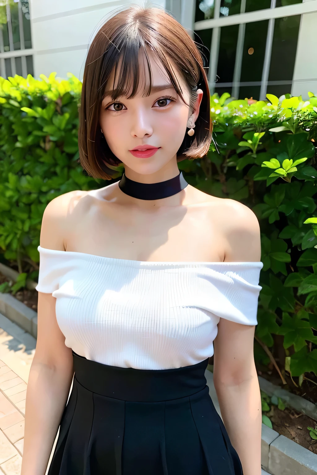 highest quality, Ultra-high resolution, (Realistic:1.4), One girl, off-the-shoulder white shirt, Black tight skirt, Black Choker, (Short Hair:1), (Medium chest:1.2), View your viewers, close ,
