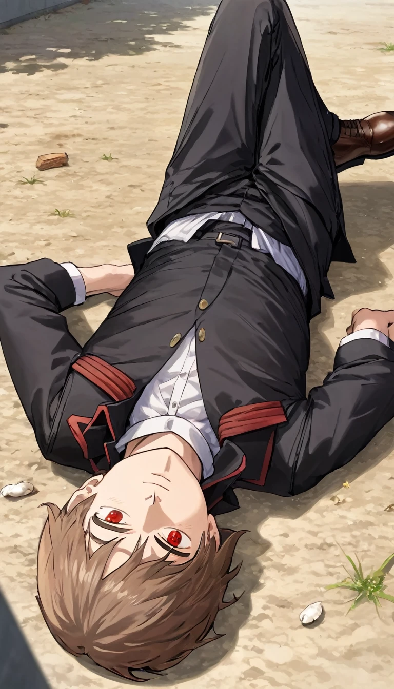 1man, light brown hair, red eyes, black jacket, white sando, black pants, brown shoes, laying down at ground, sleeping, male protagonist, worms eye view, foreshortening, absurdres, high res, ultrasharp,  8K, masterpiece, 