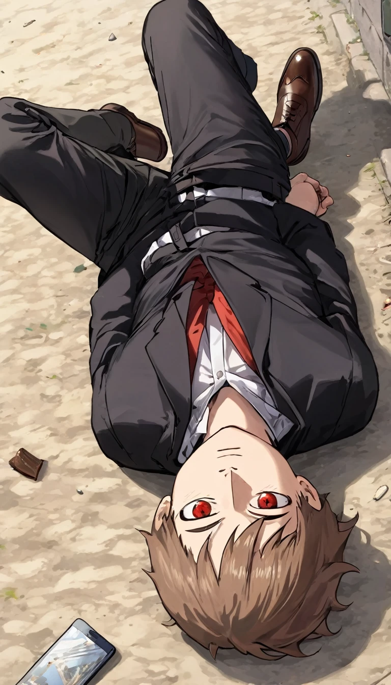 1man, light brown hair, red eyes, black jacket, white sando, black pants, brown shoes, laying down at ground, sleeping, male protagonist, worms eye view, foreshortening, absurdres, high res, ultrasharp,  8K, masterpiece, 