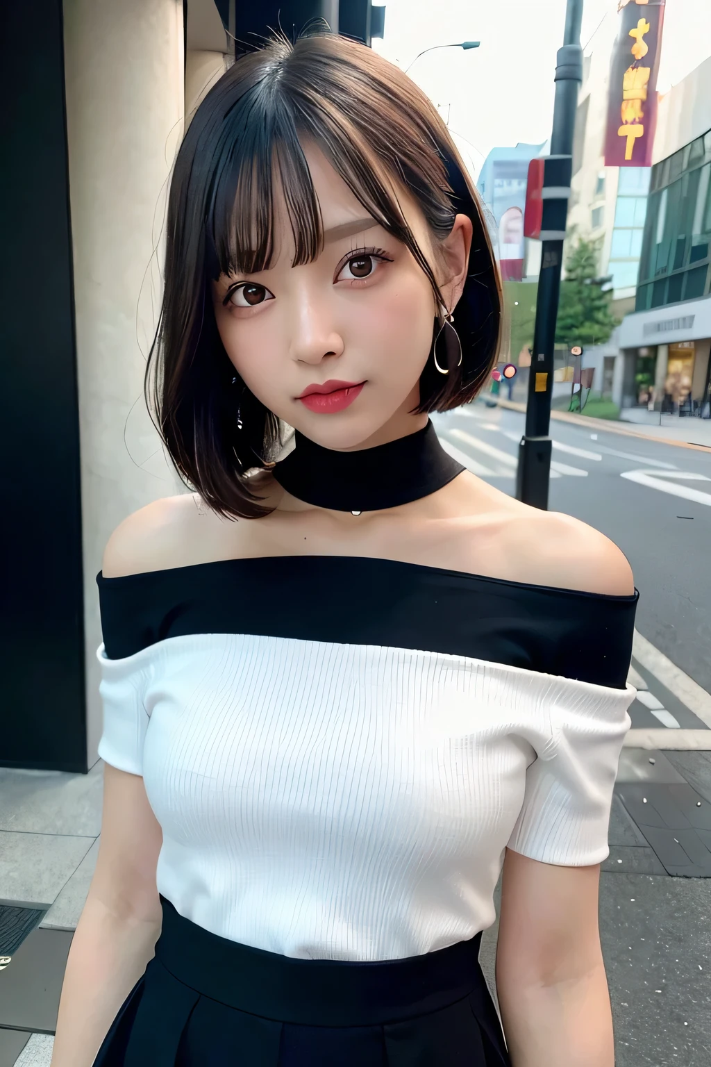 highest quality, Ultra-high resolution, (Realistic:1.4), One girl, off-the-shoulder white shirt, Black tight skirt, Black Choker, (Short Hair:1), (Medium chest:1.2), View your viewers, close ,