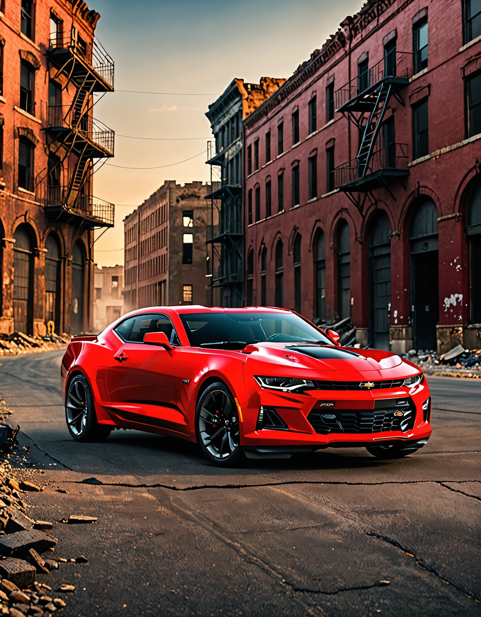 masterpiece, best quality, highres, 1car, red 2023 Chevrolet Camaro, day, city ruins, ground vehicle, motor vehicle, no humans, outdoors, road, matching tires, vehicle focus