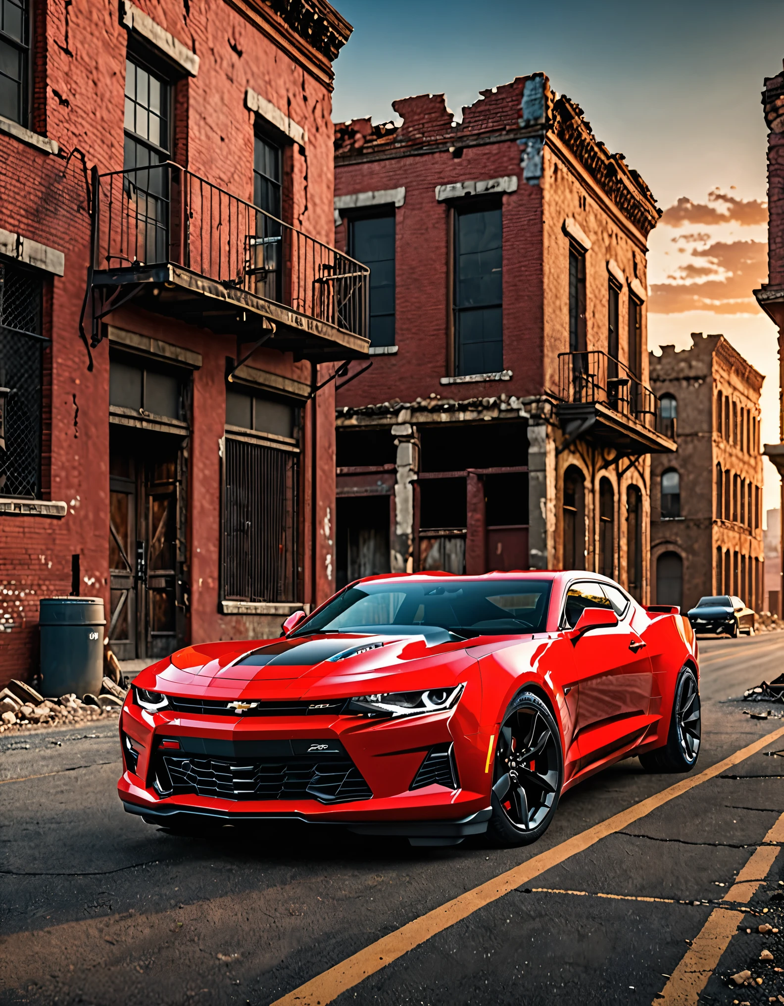 masterpiece, best quality, highres, 1car, red 2023 Chevrolet Camaro, day, city ruins, ground vehicle, motor vehicle, no humans, outdoors, road, matching tires, vehicle focus