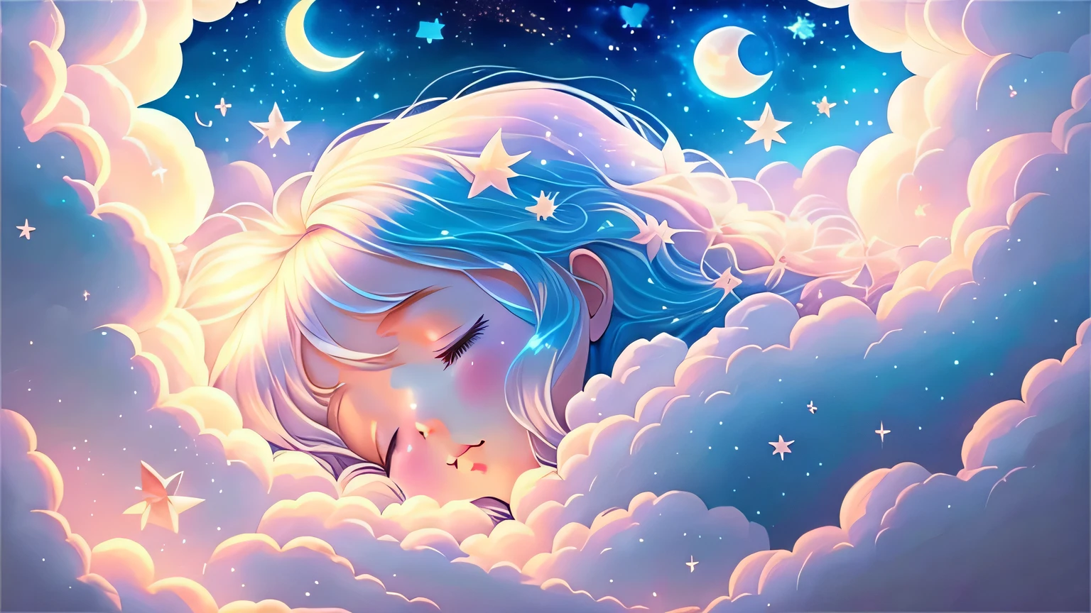 Dreamy sky, sleeping on the moon。many fluffy clouds。As estrelas,light colors hair,Bushy hair,gossamer, fairy tale painting, A masterpiece of bright light,stunning art, lamplight! Fantastic art, fairy tale artwork, inspiring art, fantastic work of art
