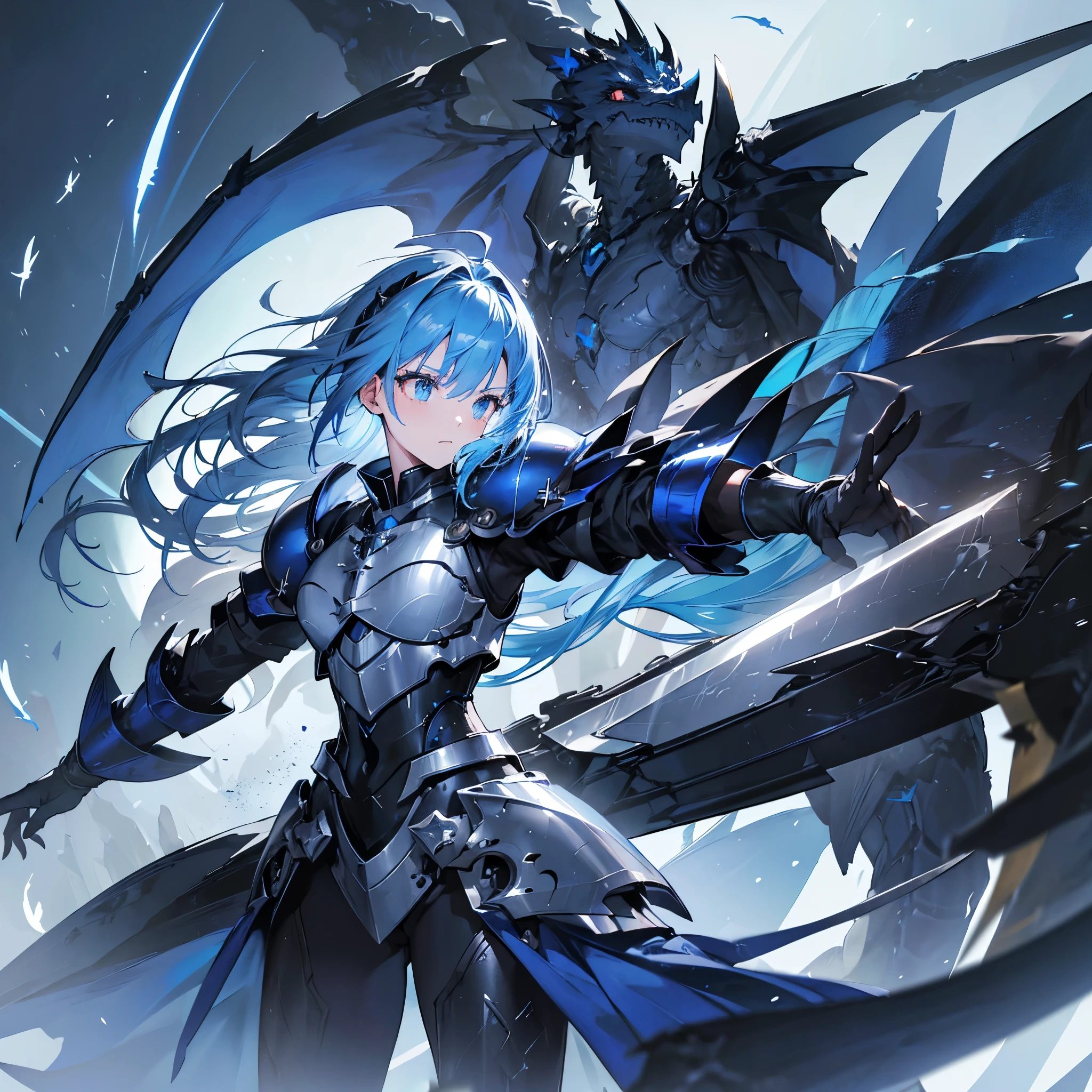 ((high resolution　Blue Hair　long髪　Black Armor　Dragon Knight　thunder　Lonely　despair))　((night　Western style　chest　Shining Aura　gloves))　(Big feather　Dance　Blade of Light　Holding a spear　long　Slashing)　night　thunder　star　Slashing　Catch the wind　