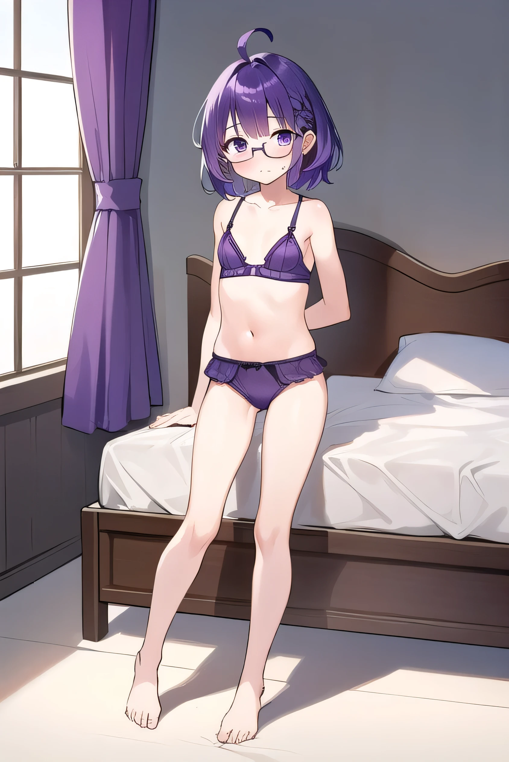 (full body:1.3)，(Purple hair:1.4), gray eyes, , short, short long hair, kind expression, shy, almost no breasts, slightly exposed. hair,(flipped hair ), flipped hair, ahoge, girl alone, flipped hair, flipped hair, flipped hair, flipped hair, glasses with no edges, embarrassed, flat chest，Silk Lingerie Set，bed