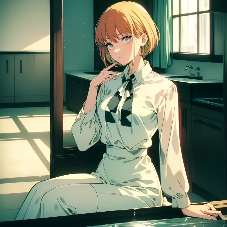 1 stunning house wife. Tall and thin. She is sitting on a counter top. She is leaning forward slightly. She has short hair. ((1960's style hair)). (((1960's checkered blouse)). Blue-green eyes. loving smile. light blush. loving. ((Dark blonde hair)) Amazing house wife. Lovely. Cleaning a small glass cup.