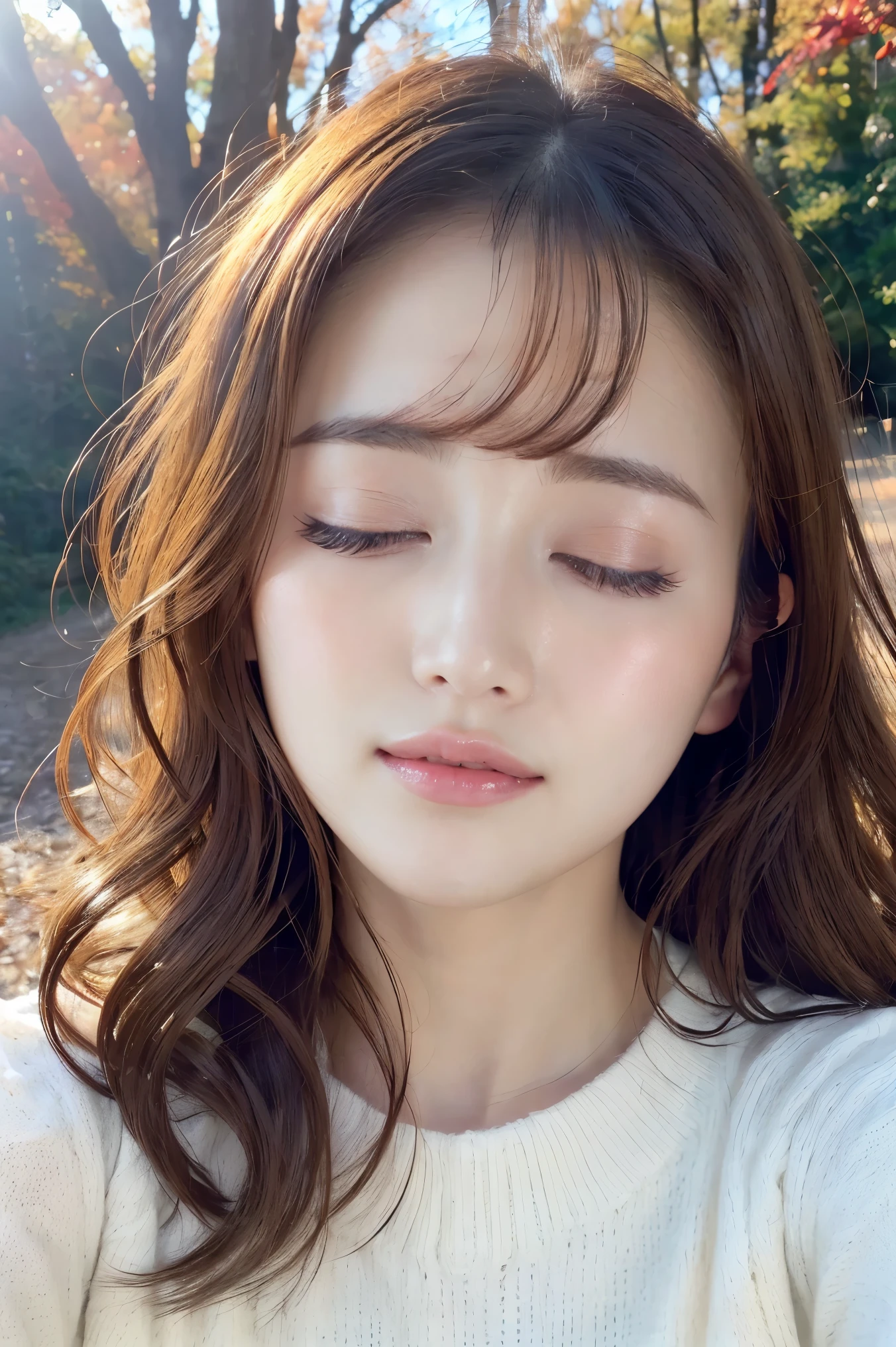 (highest quality、Tabletop、8k、Best image quality、Award-winning works)、(Please close your eyes completely:1.1)、(Closed lips:1.1)、(Bring your face closer:1.1)、(Put your lips against mine:1.1)、(Face close-up:1.3)、(Taking a selfie with arms outstretched:1.5)、Long Wavy Hair、Knitted sweater、(完璧に整備された美しい秋の公園のBlurred Background:1.1)、Autumn scenery、The most natural and perfect park background、Red autumn leaves、wood々Beautiful sunlight shining through the gap、(Romantic Sunset:1.2)、(A vibrant and spectacular sunset:1.1)、(Blurred Background:1.1)、Great cinema lighting、Beautiful glossy lipstick、Perfect Makeup、Ultra-high definition beauty face、Ultra HD Hair、(Beautiful closed eyelids in ultra-high resolution:1.1)、(Ultra-high resolution bright and radiant skin:1.4)、(Super high quality glossy lip:1.1)、(Look forward:1.2)、(体がLook forwardいる:1.2)、(Eyebrows lower:1.2)、(Troubled face:1.1)、Natural beautiful eyebrows、Naturally beautiful forehead