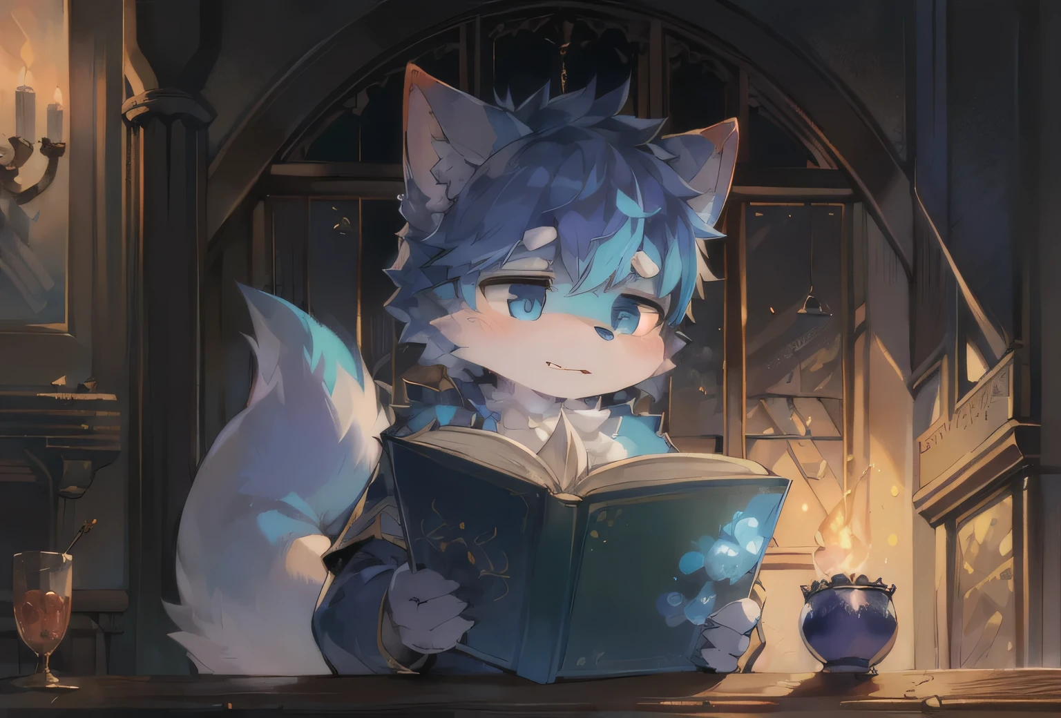 masterpiece、Highest quality、Professional furry、hairy、cute、Shota、blue fluff、（1 plush tail）、（In the castle）、Reading、hairy、Magic、Only one tail