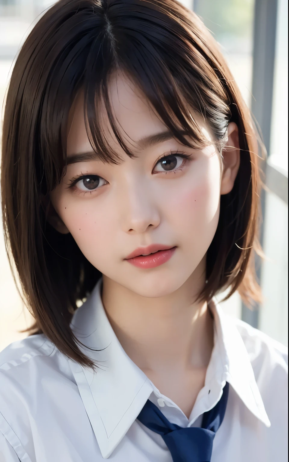 ((highest quality))、(masterpiece:1.4)、Raw photo、8k、highest quality、high resolution、Beautiful face in every detail、Realistic human skin、Gentle expression、View from the front、color々From an angle、(Bob Hair)、(beautiful girl:1.4)、(the most beautiful girl in school:1.3)、Realistic、Photorealistic、With bangs、((Beautiful Hair))、cute、(High school girls)、JK Uniform、(Schoolgirl Uniform)、White shirt、tie、Red cheeks、((She's in love))、sexual excitement、[[Long eyelashes]]