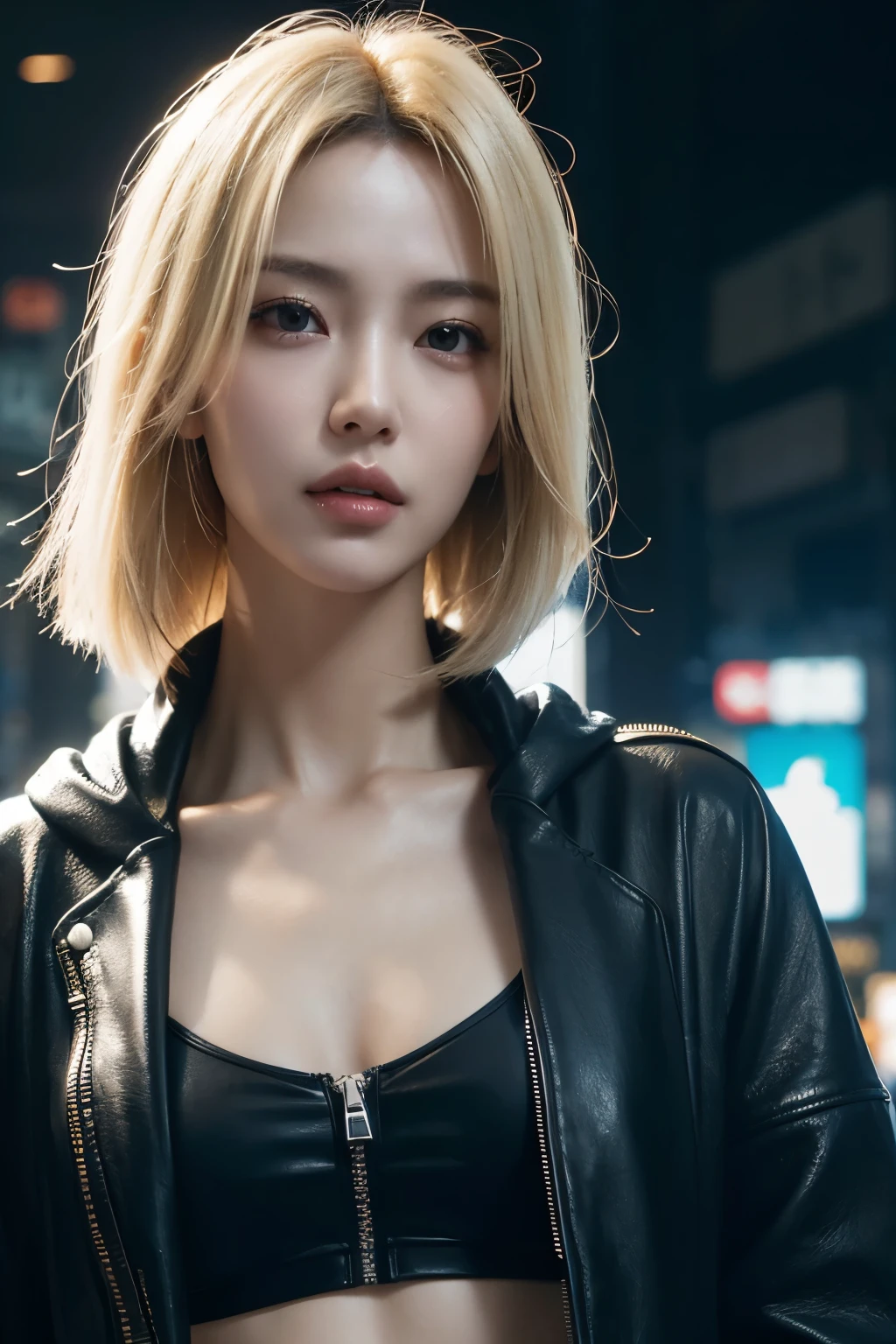 (masterpiece:1.2), Ultra Detailed, Ultra-high resolution, (Practical, photo Practical:1.37), High-resolution original color photos, Professional photos, Very rich facial details, Very good eyes, Extremely delicate skin, Very thin fingers, highly detailed nose, The mouth is very detailed, Perfect anatomical structure, Very detailed background, (Famous Japanese actresses:1.2), (flat chest), (Brown people, Dark Skin, Blonde hair), Dynamic Lighting, (Cyberpunk:1.3), Zipper hoodie, (cover up:1.2), midriff peek, leather jacket, whole body, (Shibuya:1.3), Sunlight, Blue sky,