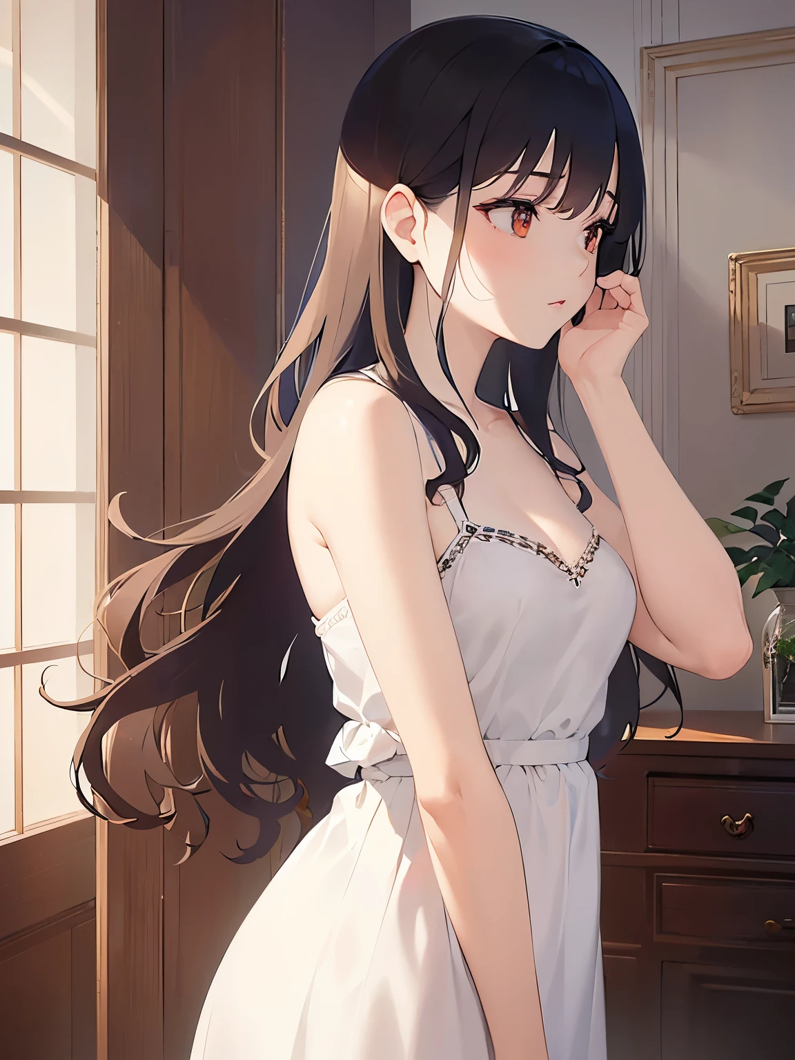 side angle, (looking away:1.5), eyes close up、Placing hand on face、Biologically correct five fingers、Cleavage、Realistic, real person, (pale skin: 1.2), RAW photo, photorealistic, shiny skin, shiny hair、(A 25-year-old woman with medium-length hair and bangs) and (wavy hair) and (brown hair) and (orange eyes) , (sundress) and (white) 、confused, The background is the living room、Alone、Are standing