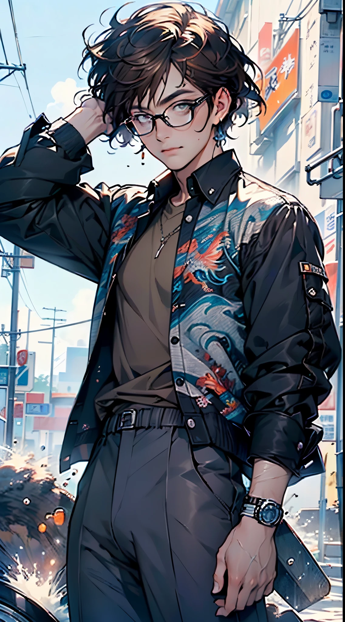 male, muscle, 1 boy, muscle发达, 25 year old man,young,1 man,(((1male,1 male, 1man, 1 man,man:1.5,male,male gender:1.5,handsome man,male focus,))),stubble,Perfect body,an extremely delicate and beautiful Delicate face, beautiful detailed Eye,short hair,(((Brown_Eye:1.3))),Wheels within wheels Eye,beautiful detailed Eye,symmetrical Eye, Brown hair,Perfect face,Brown hair, Beautiful hairstyle, Perfect proportion, ((Delicate face)),expressive Eye,
(Super detailed:1.3), Beautiful and delicate light, Meticulous attention to detail, Super detailed,
bookworm,((Glasses)),(Open shirt, Swimming pants,aloha shirt,male特征),((bulge in pants)),(((blue and Brown clothes,blue and Brown outfit,Wheels within wheels outfit,Wheels within wheels clothes,Gorgeous clothing))),
(Dynamic poses:1.0),Smile,(Center,Scale to Fit,Rule of Thirds),
((Sky, Ocean, cloud,)), with dark stormy cloud,((Ocean滩风景,Wheels within wheels scenery)),
(Bright winter accessories),high resolution,Clear focus,(Super detailed,Extremely detailed),(Realistic artwork:1.37),(Extremely detailed CG unity 8k wallpaper),(((Vibrant colors,Vibrant Theme))),(Wheels within wheels),(masterpiece),(best quality),