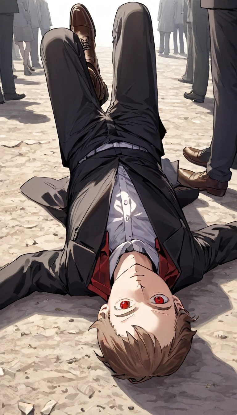 1man, light brown hair, red eyes, black jacket, white sando, black pants, brown shoes, laying down at ground, passed out, male protagonist, worms eye view, foreshortening, absurdres, high res, ultrasharp,  8K, masterpiece, 