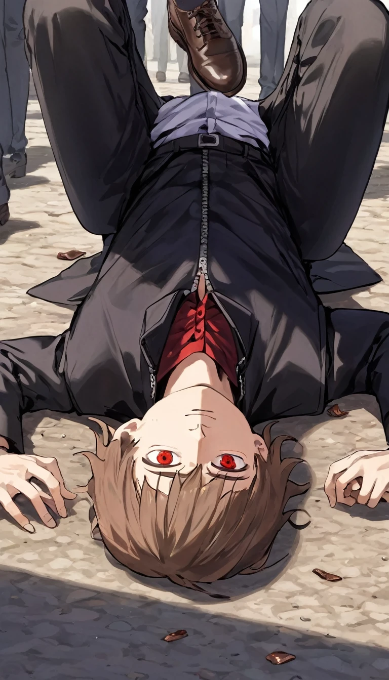 1man, light brown hair, red eyes, black jacket, white sando, black pants, brown shoes, laying down at ground, passed out, male protagonist, worms eye view, foreshortening, absurdres, high res, ultrasharp,  8K, masterpiece, 