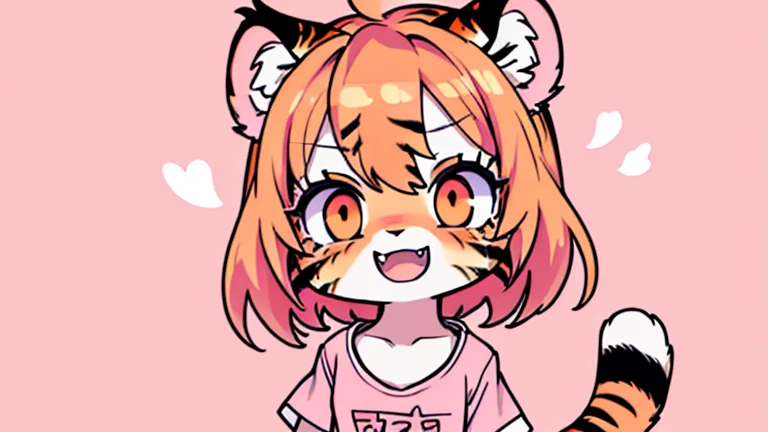 (masterpiece, High quality, Best quality, 8k, High resolution), ((chibii style, chibi cute)), (solo, 1 kid girl), {tiger girl, tiger face, 2 fangs, long eyelashes, eyeliner} {tiger whiskers}, (((Tiger skin all over the body, Tiger stripes on the body))), (orange hair), short hair, hair clip, [[hair clip white flower on hair]], ((very happy)), ((open mouth)), orange eyes, [black pupile], ((looking up)), (very small breasts), thin arms, (one Arm up, one arm down), armpits, ((mini pink T-shirt, full pink T-shirt)), {white shorts}, {{{mini tiger Tail, Tail on the back}}}, (full body), (((standing, jumping chopped angle))), dynamic pose, white background, simple background, ((((Tora-chan no Hanayome style)))), (old anime 40s style), anime style, anime color.