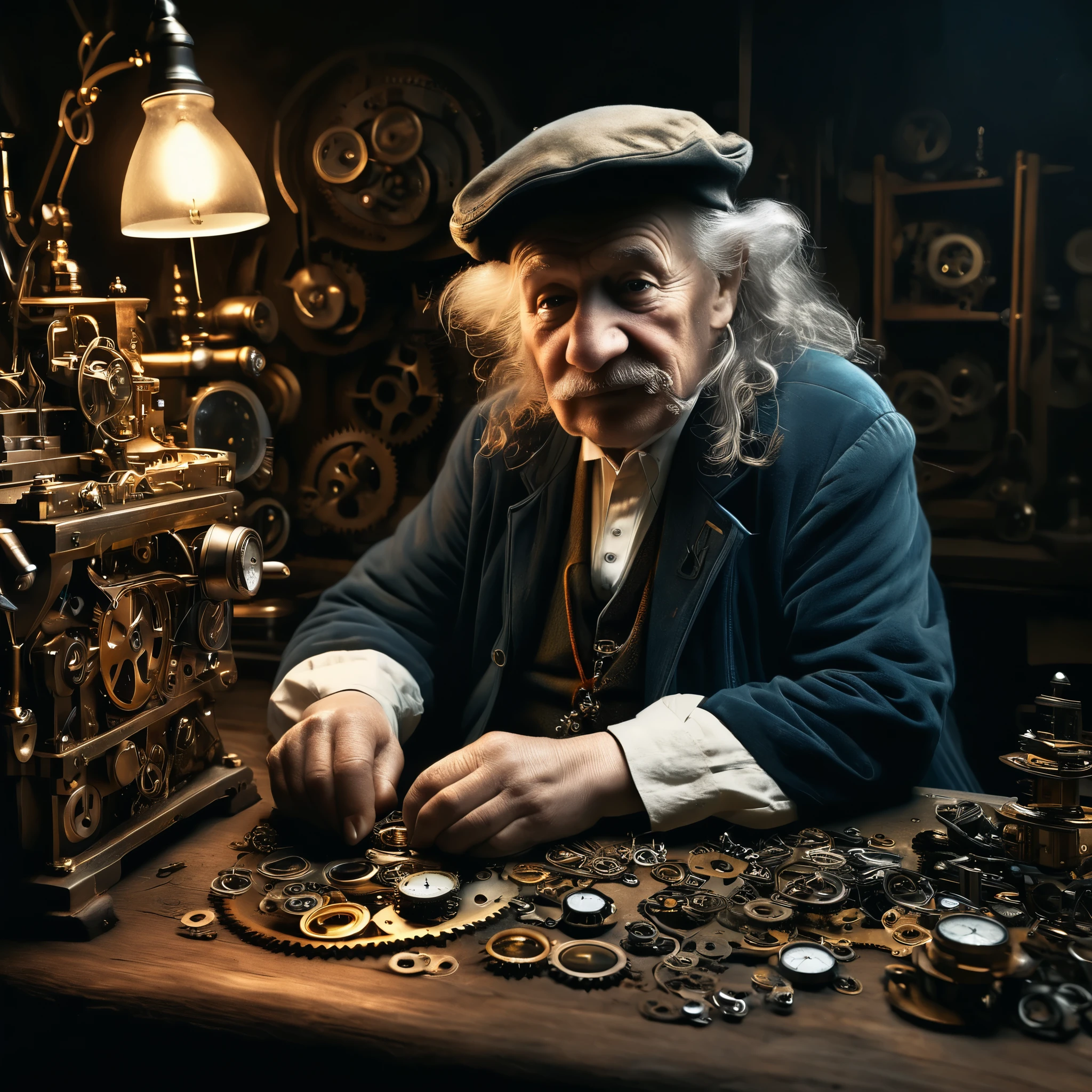 A photorealistic portrait of an elderly watchmaker, in the style of Rembrandt, hunched over a workbench filled with gears, springs, and half-finished timepieces. The warm, dimly lit scene conveys a sense of nostalgia and the relentless passage of time.