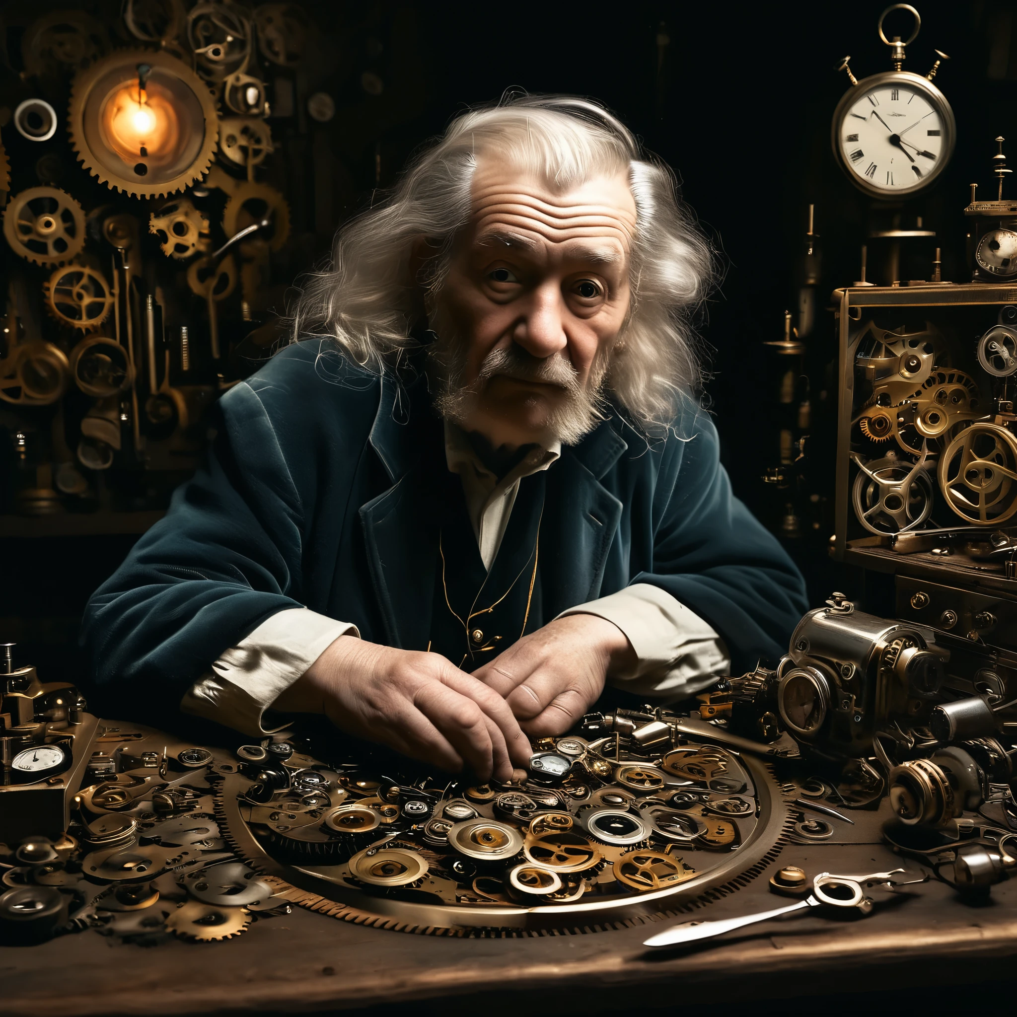 A photorealistic portrait of an elderly watchmaker, in the style of Rembrandt, hunched over a workbench filled with gears, springs, and half-finished timepieces. The warm, dimly lit scene conveys a sense of nostalgia and the relentless passage of time.