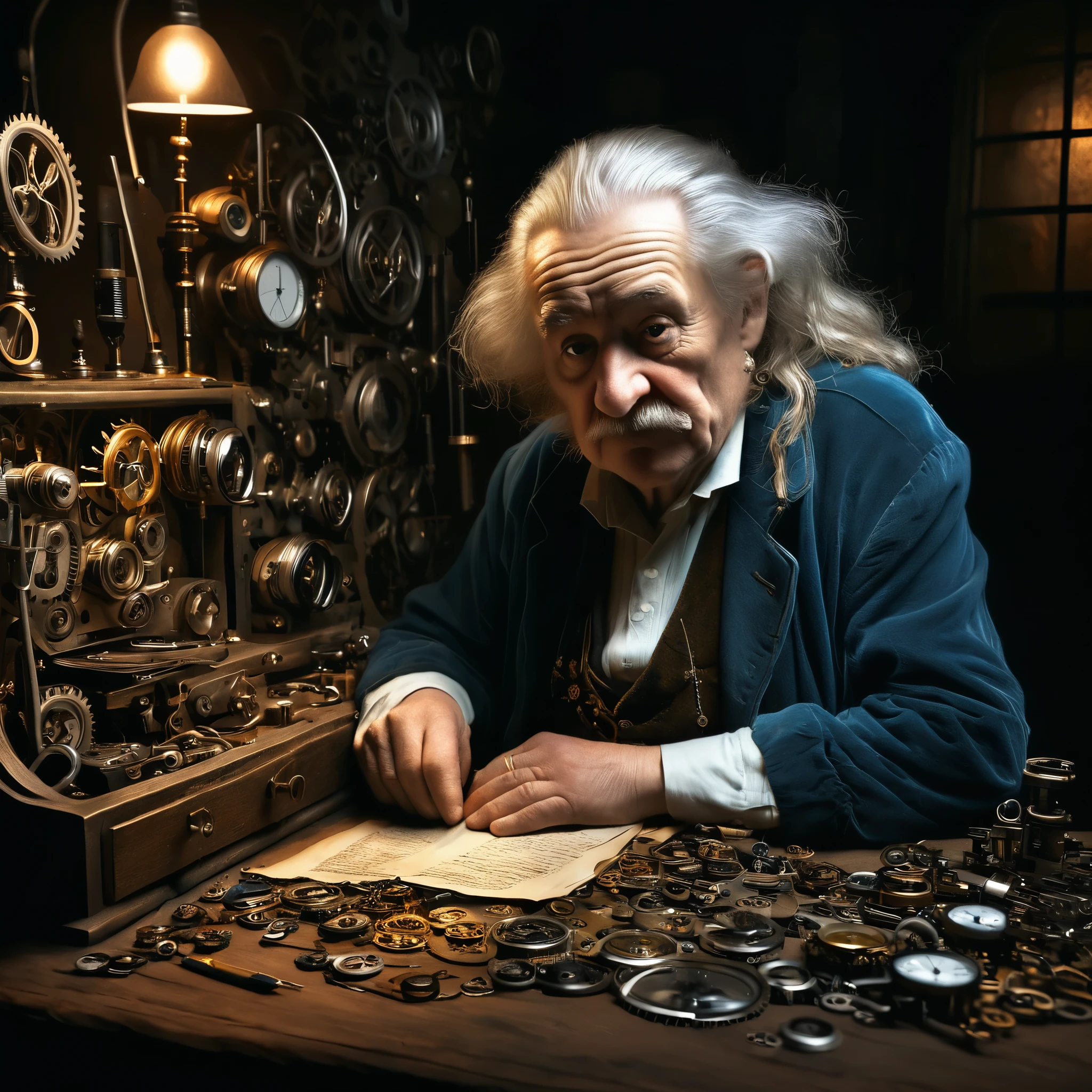 A photorealistic portrait of an elderly watchmaker, in the style of Rembrandt, hunched over a workbench filled with gears, springs, and half-finished timepieces. The warm, dimly lit scene conveys a sense of nostalgia and the relentless passage of time.