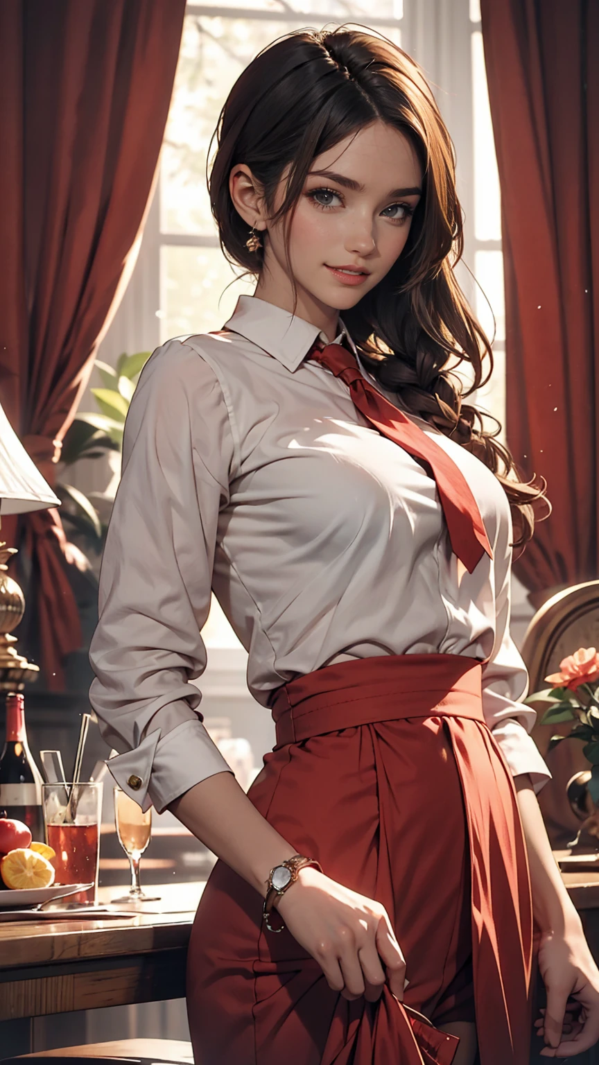 One girl,He didn't,Large Breasts,Red lips,smile,ponytail,Realistic