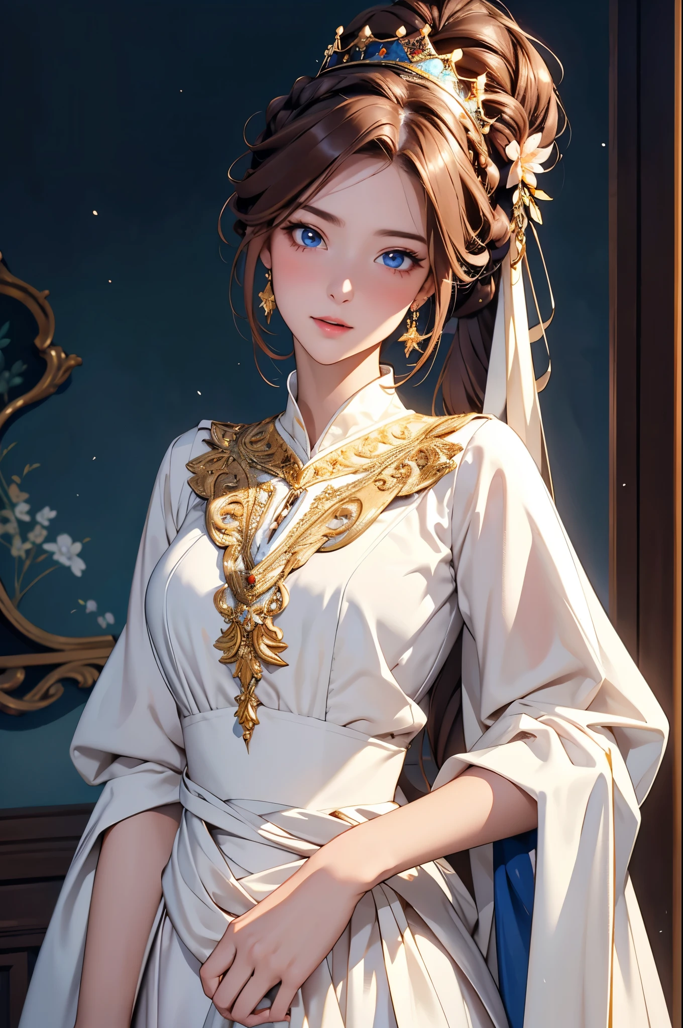 Ultra-realistic 8K, picture-Perfect face, Flawless, Clean, masterpiece, Movie Lighting, Movie Bloom, Perfect face, Pretty Face, Extremely detailed eyes, A woman (White Dress) Standing outside in the dark night, raining, Gold headdress, A concerned expression, Perfect female waist, Surreal photography, Extremely detailed CG Unity 8K wallpaper, HDR, original photo, DSLR camera, Intricate details, Lovely, magic, enchanting, Open your mouth, Vibrant Lighting, Vibrant colors, (masterpiece, best quality, Super detailed, The best shadow) Cut off long hair, Chestnut Brown Hair, Ponytail, Crown Braid Tie, (Obvious blushing)