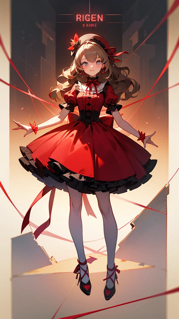 ((best quality)), ((masterpiece)), (detailed), perfect face. girl from a neon game. bright neon colors. She has long wavy dull pastel brown hair with neon red ribbons. her eyes are a dull gray color. She is coming at the screen. she is wearing a neon red ruffled Victorian dress with ribbons, lace, and bright flowers, very detailed RED dress. her face is leaning into the screen. bright neon red colors. art is mostly bright colors. a game character that is slightly floating. full body
