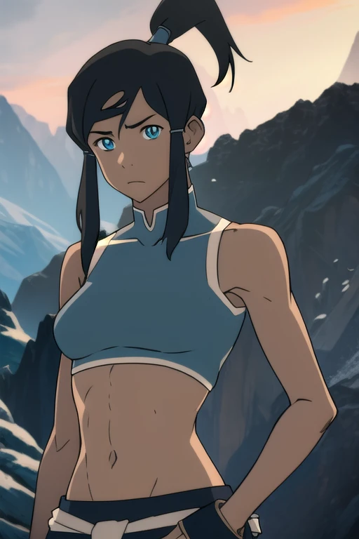 avatarkorra, korra, long hair, black hair, ponytail, dark skin, dark-skinned female, topknot, midriff, navel, (((tube top)))), (((bandeau))), (((strapless))), (((bare shoulders))), (underboob), sleeveless, bare arms,
BREAK ,
BREAK looking at viewer,
BREAK outdoors, snow,
BREAK (masterpiece:1.2), best quality, high resolution, unity 8k wallpaper, (illustration:0.8), (beautiful detailed eyes:1.6), extremely detailed face, perfect lighting, extremely detailed CG, (perfect hands, perfect anatomy),