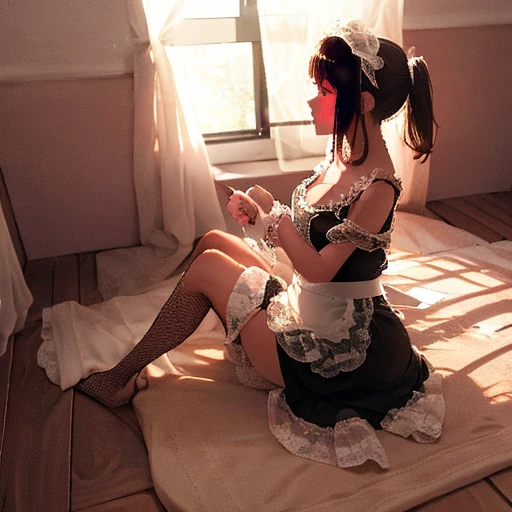 (Maid clothes),(Side view),ribbon,Apron dress,Off the shoulder,underwear,Short skirt,Knee-high socks,(Sitting on the floor),Flooring,Backlight,Window