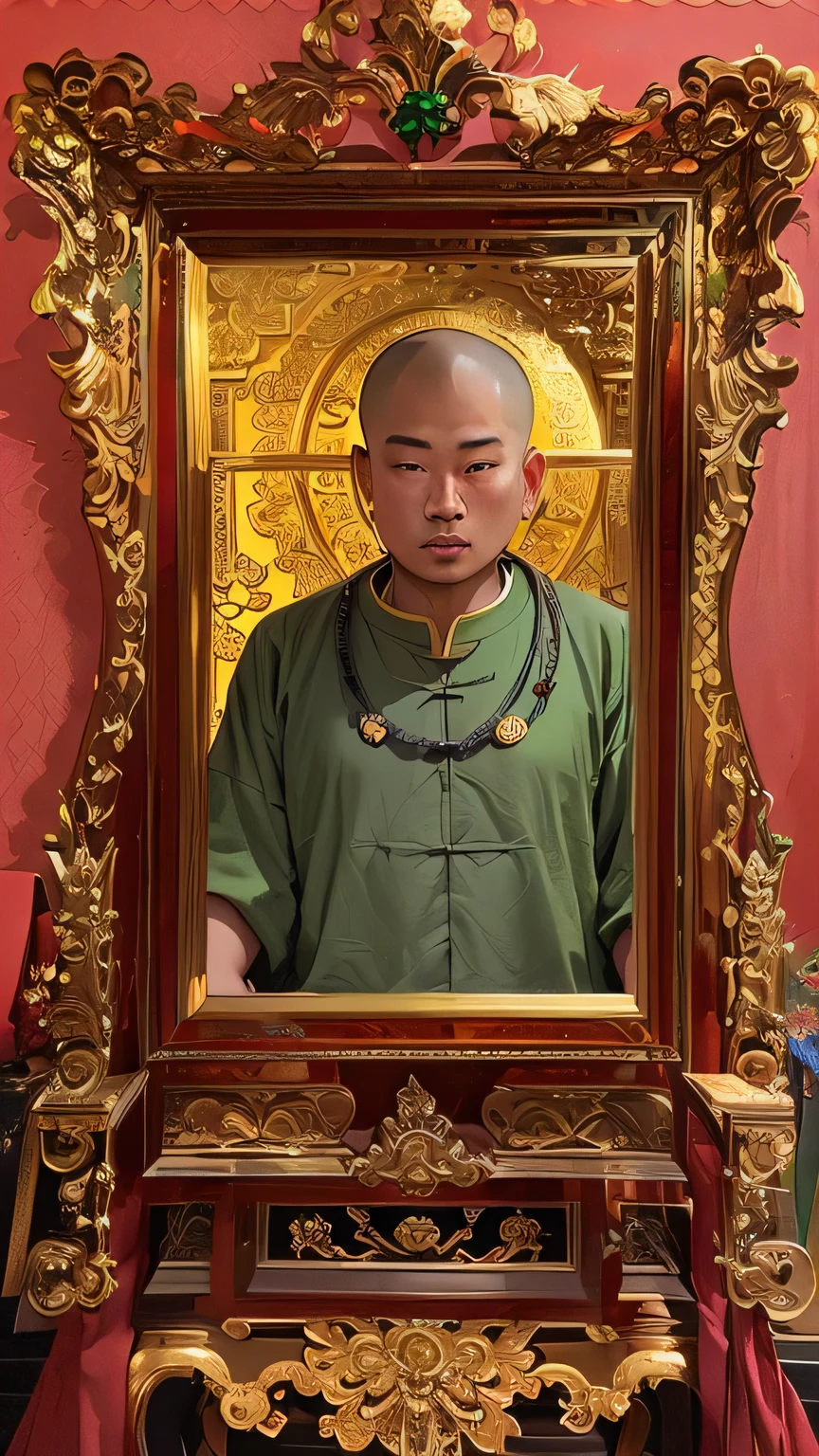 arafed monk in a green shirt is standing in front of a gold framed picture, buddha , taoist priest, portrait of monk