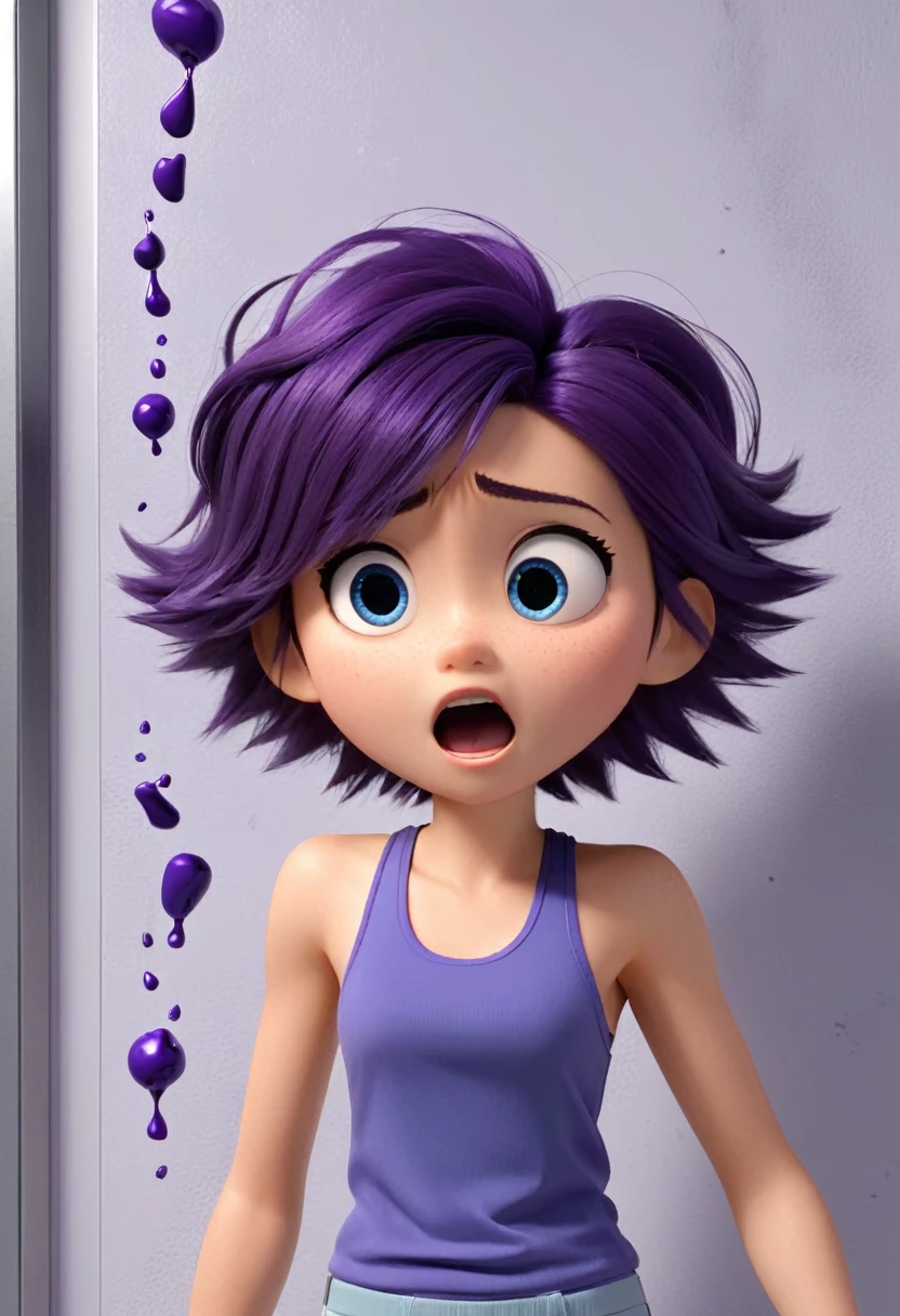 Une Japonaise de , cheveux bleu, dark purple necklace, Grey tank top, terrified, stuck to the wall with glue in a faulty laboratory, style 3d Pixar, (best quality, 4k, 8k, High resolution, chef-d'artwork:1.2), Ultra-detailed, (Realistic, photoRealistic, photo-Realistic:1.37), portraits, Des couleurs vives, studio lighting