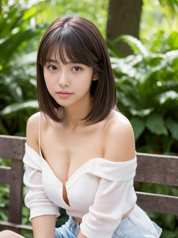 (highest quality, masterpiece, Ultra-high resolution:1.2), (Photorealistic:1.3), (RAW Photos:1.3), 8k, 16k, 32k, 1 girl, Ultra-high resolution, Professional artwork, Very detailed, Complex, Detailed face, 1 girl, (Japanese Girls:1.3), (alone, whole body, Wide Shot, 18-year-old:1.3), short hair, Boyish pose, Off the shoulder、tight shorts、、Outdoor、sit、 Bare legs、、Small cleavage、(Hands at the side)