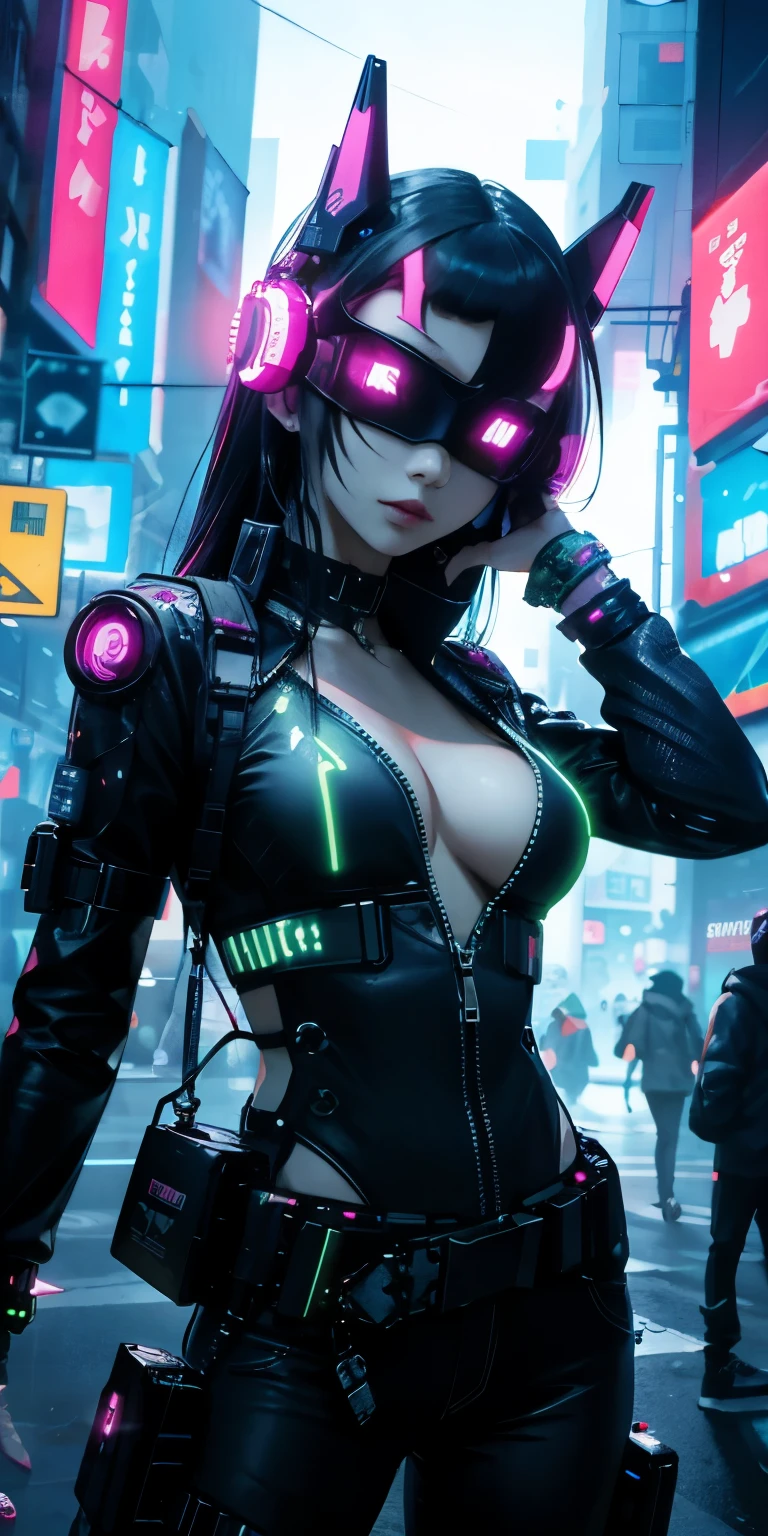 ((best quality)), ((masterpiece)), (detailed), (((perfect face))), beautyful face, one hot curvy asian girl, (((there is a cyberpunk city in the background))), ((big boobs)), ((black and red latex cyber ninja dress)), ((her clothes are very torn in several places)), (((detailed face))), ((black and red latex lingerie)), (((detailed eyes))), perfect body, ((good anatomy)), (((big tits))), (((black purple long hair))), (her eyes are covered by a black carbon VR Gaming Headset), ((she wearing a black hood))