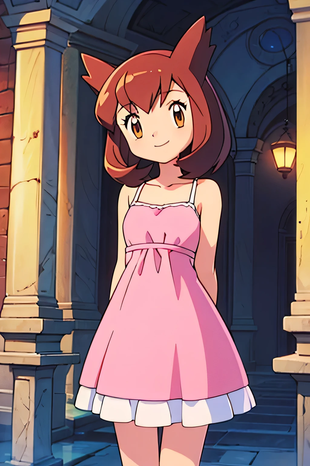 masterpiece, best quality, ultra-detailed, illustration, beautiful detailed eyes, very detailed illustration, cinematic lighting, 1 girl, solo, Pokemon Heroes (Bianca), Brown Hair, brown eyes, 1 girl, solo, sleeveless, collarbone, Pink Camisole dress, pink dress, intricate details, sharp focus, high resolution, the background of beautiful garden with columns, on a beautiful night, full moon, smile, standing near a water pool on the bottom, arms behind back, anime style, ultra-detailed, hdr, far at the bottom, in the center, Close up