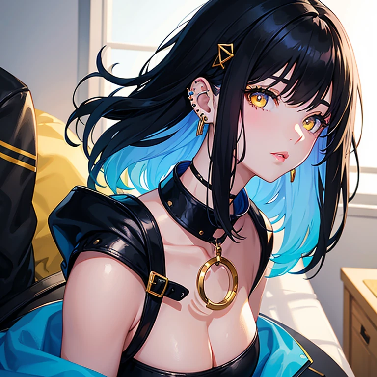 Beautiful young woman, white complexion, short wavy black hair with blue highlights, ear piercings, black leather necklace, golden yellow eyes, pink lips, black and blue victoria clothing