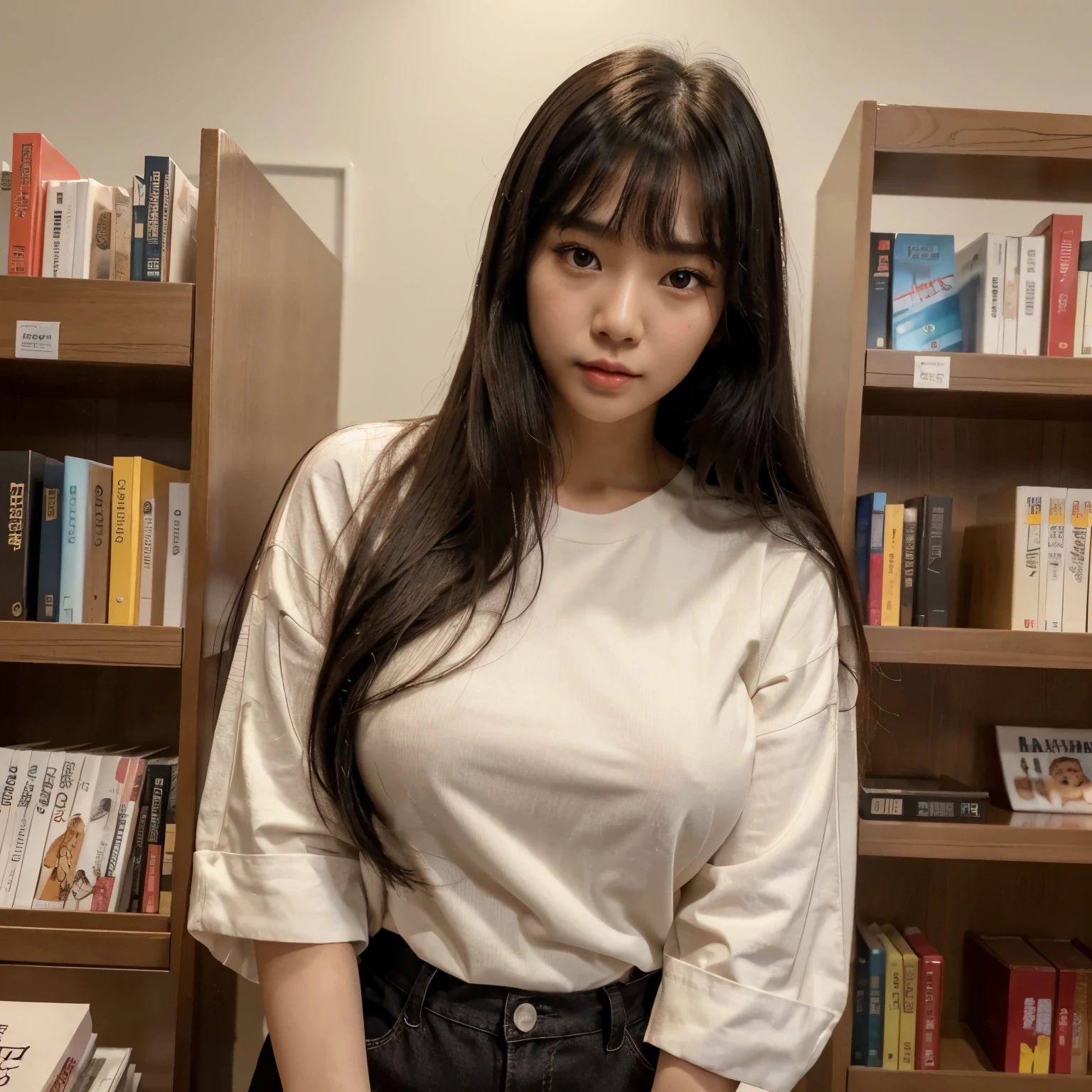 8K raw photo, Best quality, 1girl, realistic,  eye and face details, full lips, lipstick, face hd, Asian woman with black hair, hip-length hair, long hair, waist-length hair coreana, asian features, young cute wan asian face, Ulzzang, asian face, a young Asian woman, asian, cute pose, IVE, cute face, wonyoung IVE face, wonyoung, wonyoung IVE, IVE girl, black hair, long black hair, detail background, busty famele, girl with bangs, big, big breast, casual photo, seductive and erotic girl, small eyes, asian eyes, long hair, woman attractive (( pechos grandes )), korean bangs, she has bangs, detailed clothing, she is on a date, point of view date, girlfriend material, date, she is in a library, books in the background, city library, library in Seoul, she has brown clothes, brown top, brown t-shirt, wonyoung's face from IVE