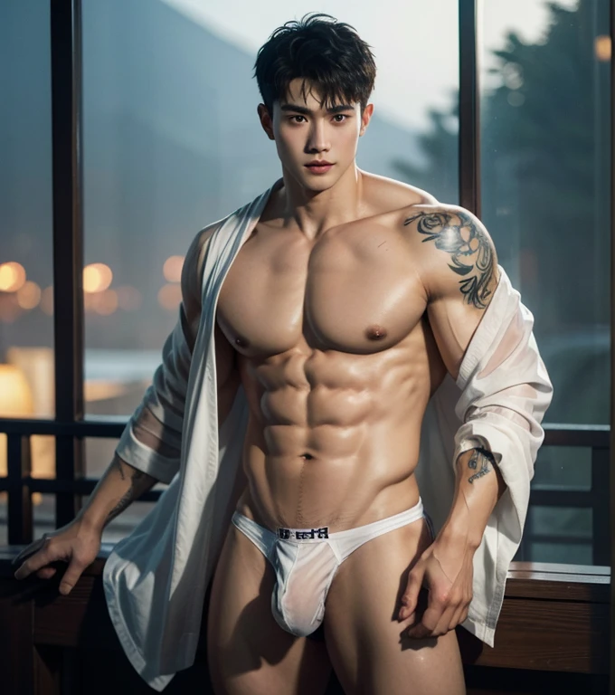 Chinese Men God, Mythology, Chinese odyssy, Handsome , ,  Topless, Muscles, Athlete body, big chest abs, Full Frame, Sexy, Professional Lighting, Hanfu Outfit, Chinese Heaven Background,white  g string  Underwear, white transparent thong , Sexy big bulge form dick shape,   manly Warrior, Hanfu God, Hanfu Male, Hanfu Nobel, naked,  Seduce, Sex Appeals,  Alafard man shirtless   carrying a wet transparent coast, muscular body, handsome,  manly,  inspirite by Zhang Han, Cai Xukun, Kim Do-young, Inspired by Bian Shoumin, Inspired by Xiao Yuncong, yihao ren, yanjun cheng, jinyiwei, inspired by Huang Gongwang, xintong chen, Jacket, wearing japanese thong ,nice butts,naked, long big dick,  erection,   Tattoo chest,  tattoo hands,  tattoo arms,  tattoo belly, clear studio light, night ancient chinese Buddhism temple background,  detailed background, fantasy Chinese themed, the best resolution, 8k, Ultra fullHD, look at the viewer,  catching eyes, 
