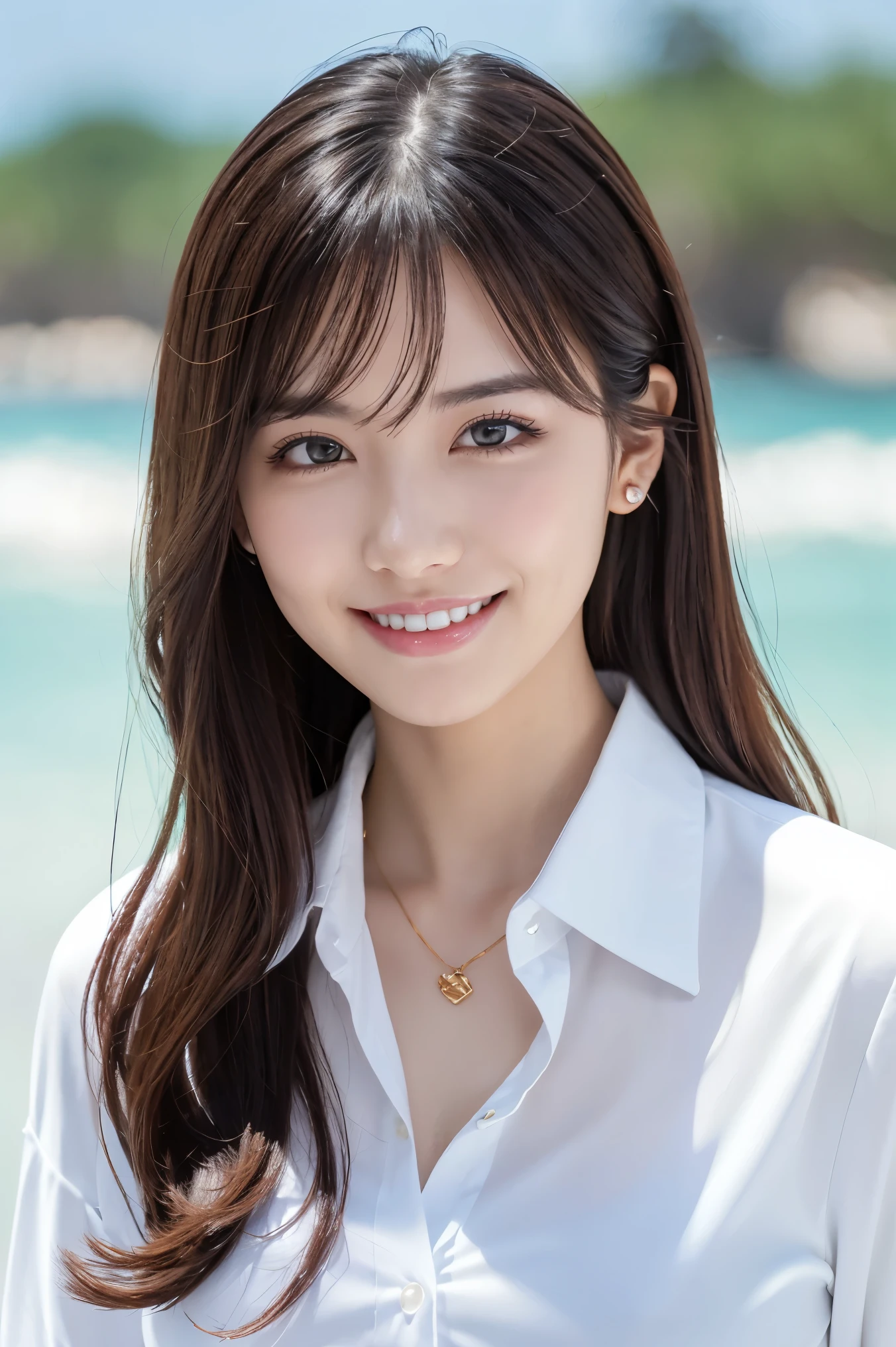 ((highest quality、Tabletop、8k、Best image quality、Very complex and detailed))、(1 person photo:1.1)、Looking at the camera with a big smile、きれいなSandy Beach、(White polyester button-up collar shirt:1.2)、Navy Pleated Skirt、expensive 、(Busty and bursting:1.1)、(Accentuate your body lines:1.1)、Cleavage、(Face close-up:1.15)、Attractive body、Hair swaying in the wind、Sandy Beach、Beautiful sea、Recreate the perfect details of a deserted island、Crystal clear and sparkling sea、Complex sea glow、Beautiful seaの詳細が描かれています、Brightly lit face、Ultra expensive definition beauty face、ultra expensive definition hair、Super expensive-definition sparkling eyes、(Pure white skin shining in ultra-expensive resolution:1.1)、Super expensive resolution glossy lips、(Smile big and show your teeth:1.1)、Strongly blurred background