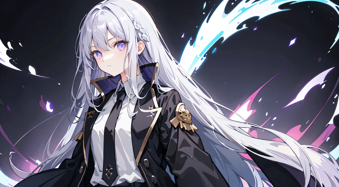 Wearing Darkness,1 Girl,Gray Hair,Long Hair,Purple left eye,blue right eye,With a dark sword,Countless Swords,Dark Aura,Black darkness,Golden Darkness,Black long coat,White Shirt,Black tie,Long trousers, Girls,1 person