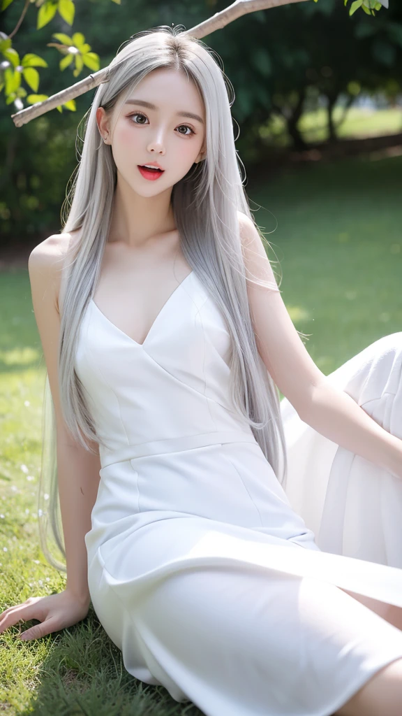 Silver-white beautiful girl with long hair,White Dress,flat chest,White skin,Stick out your tongue,Cute and playful,Girlfriend,