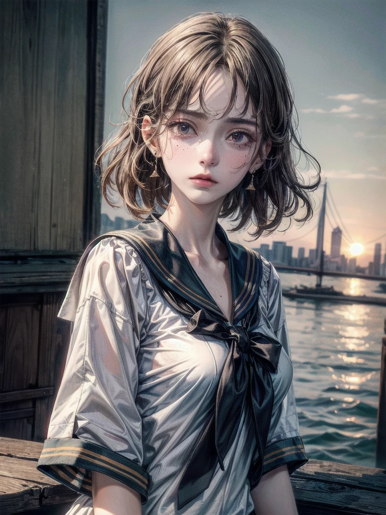 sailor school_uniform, absurdres, RAW photo, extremely delicate and beautiful, masterpiece, Best Quality, ultra high resolution, 32k, hyperrealistic, ultra-detailed, detailed description, pale skin, 20 years old, tearful mole, earring, Colossal tits, short medium hair, wavy hair,