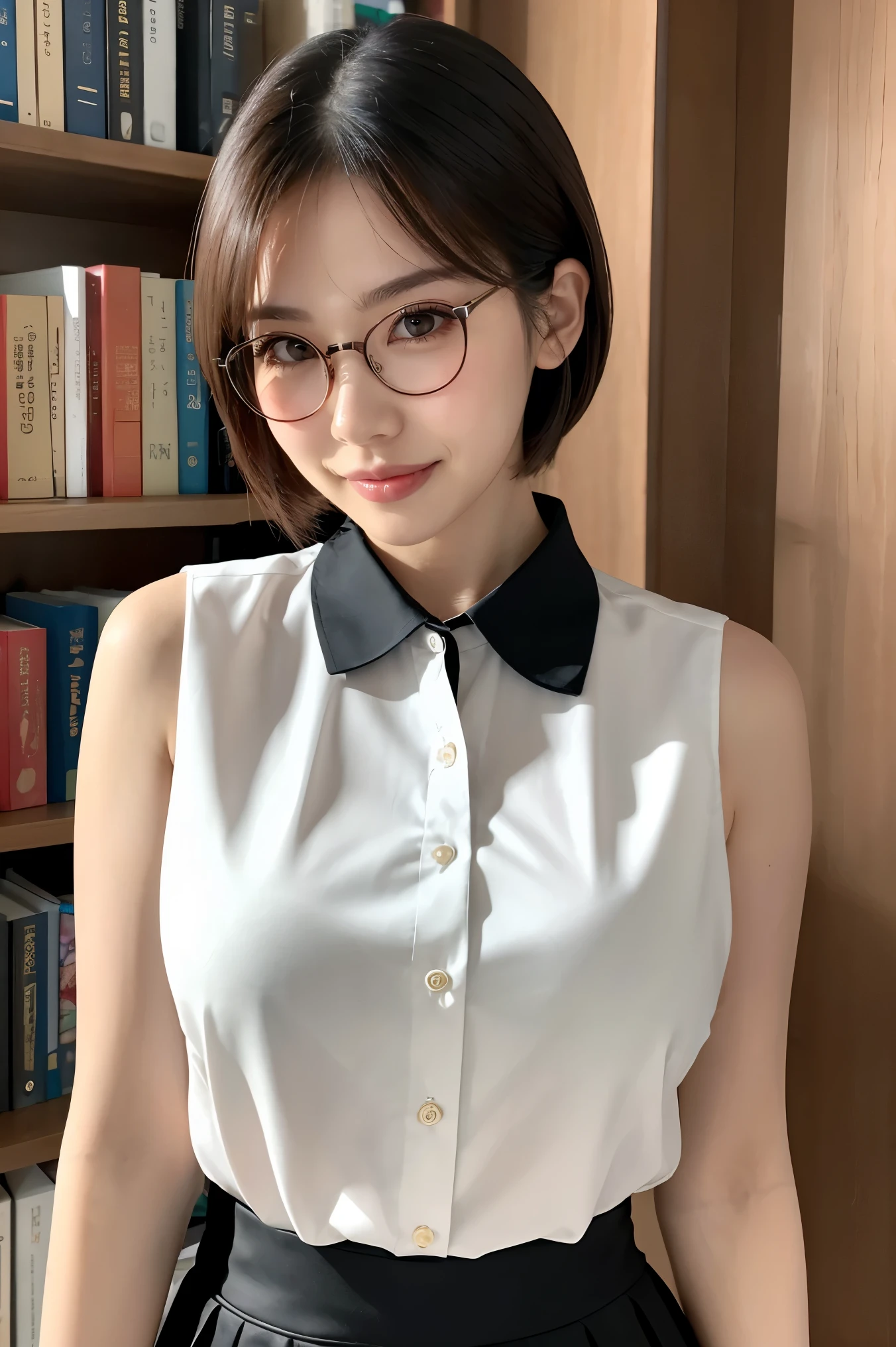 (highest quality、Tabletop、8k、Award-winning works、Ultra-high resolution、Best image quality)、One beautiful woman、(Polyester Sleeveless、Blouse with buttoned collar:1.3)、(elegant tight skirt:1.1)、(Elegant round glasses:1.2)、library、(Standing Elegantly:1.1)、(Strongly blurred background:1.2)、Tyndall effect、(The most romantic and moody warm lighting:1.1)、Stand next to a bookshelf、(Perfectly organized bookshelf:1.1)、Bookshelf in the background、居心地の良いlibrary、lipstick、Long eyelashes、Heavy makeup、Perfect Makeup、Colored contact lenses、Accentuate your body lines、Big ample breasts、Soft and warm lighting、Detailed bookshelf、(Ultra-high resolutionの正確な美しい髪:1.1)、(Accurate anatomy:1.2)、Ultra-high definition beautiful eyes、(Super bright and radiant skin:1.1)